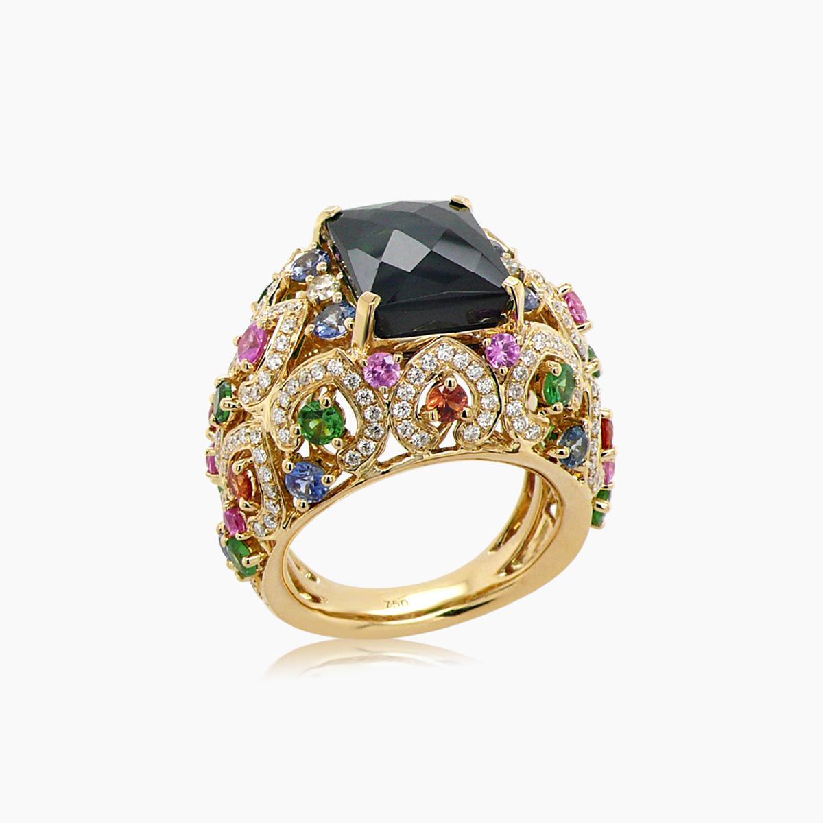 Green Tourmaline White Diamond Multi-Sapphire & Garnet 18K Yellow Gold Ring In New Condition For Sale In Oakton, VA
