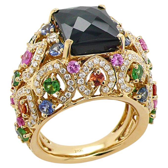 Green Tourmaline White Diamond Multi-Sapphire & Garnet 18K Yellow Gold Ring For Sale