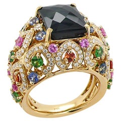 Green Tourmaline White Diamond Multi-Sapphire & Garnet 18K Yellow Gold Ring