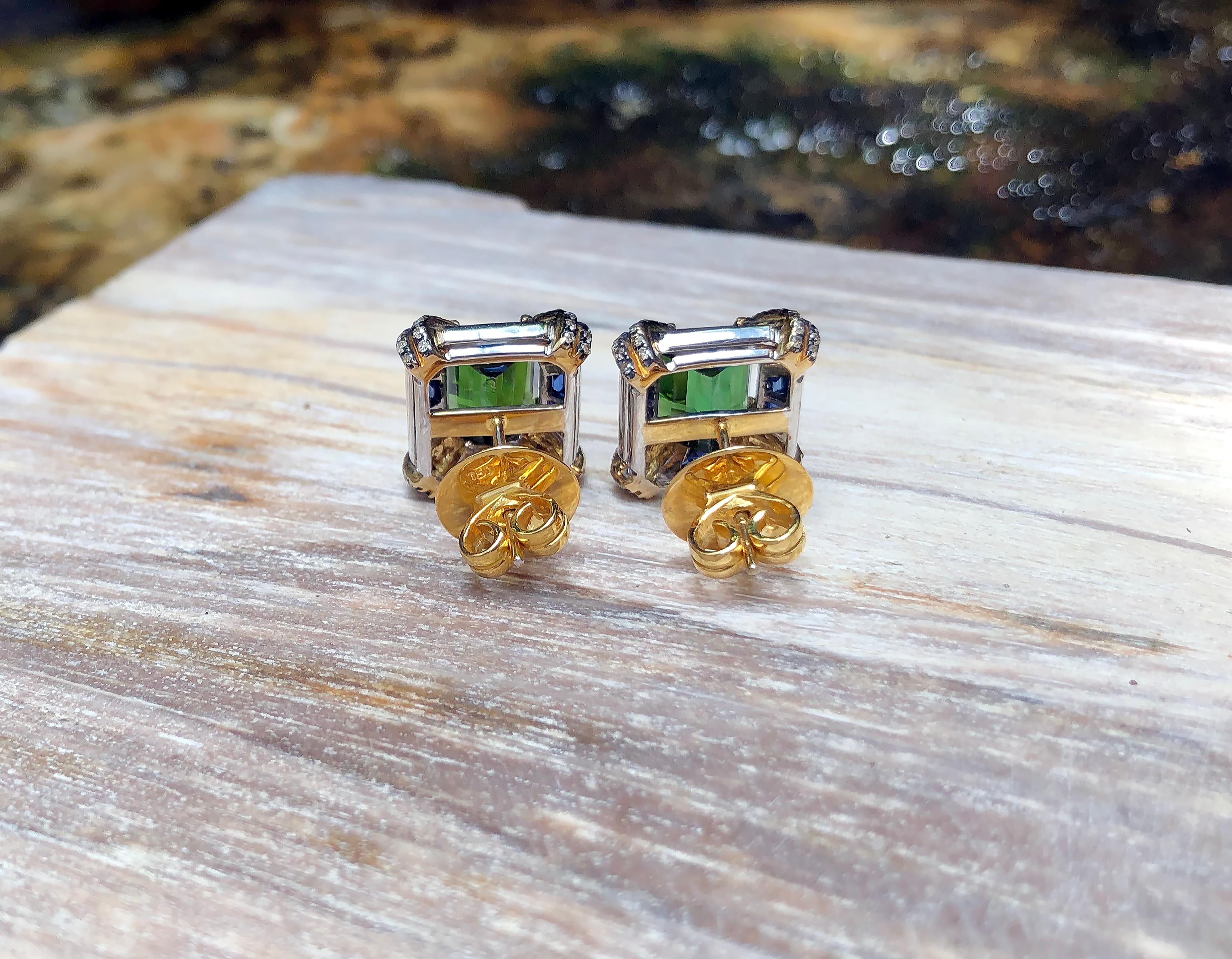 Green Tourmaline with Blue Sapphire and Brown Diamond Earrings in 18 Karat Gold For Sale 4