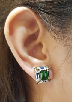 Green Tourmaline with Blue Sapphire and Brown Diamond Earrings in 18 Karat Gold