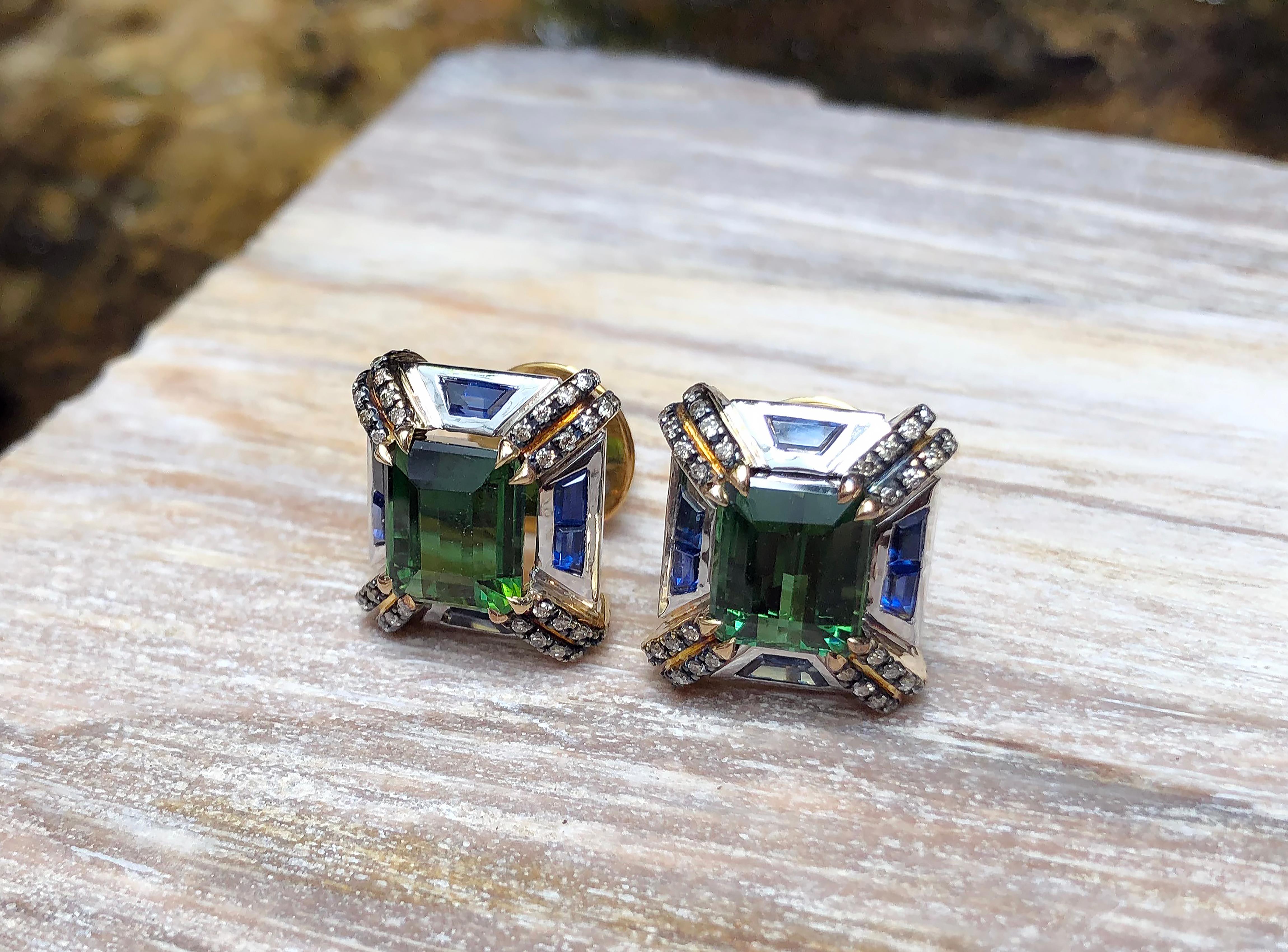 Emerald Cut Green Tourmaline with Blue Sapphire and Brown Diamond Earrings in 18 Karat Gold For Sale