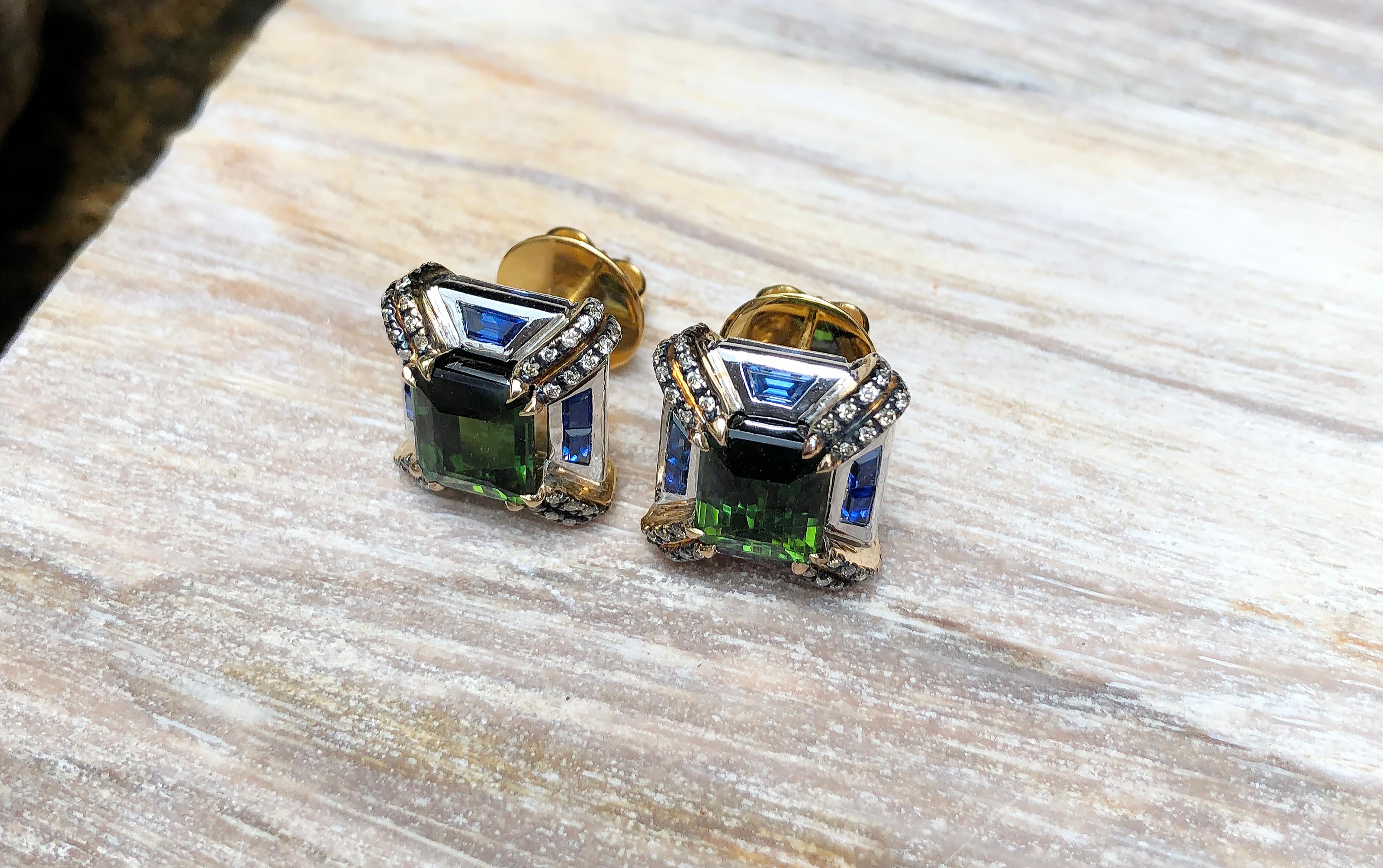 Women's Green Tourmaline with Blue Sapphire and Brown Diamond Earrings in 18 Karat Gold For Sale