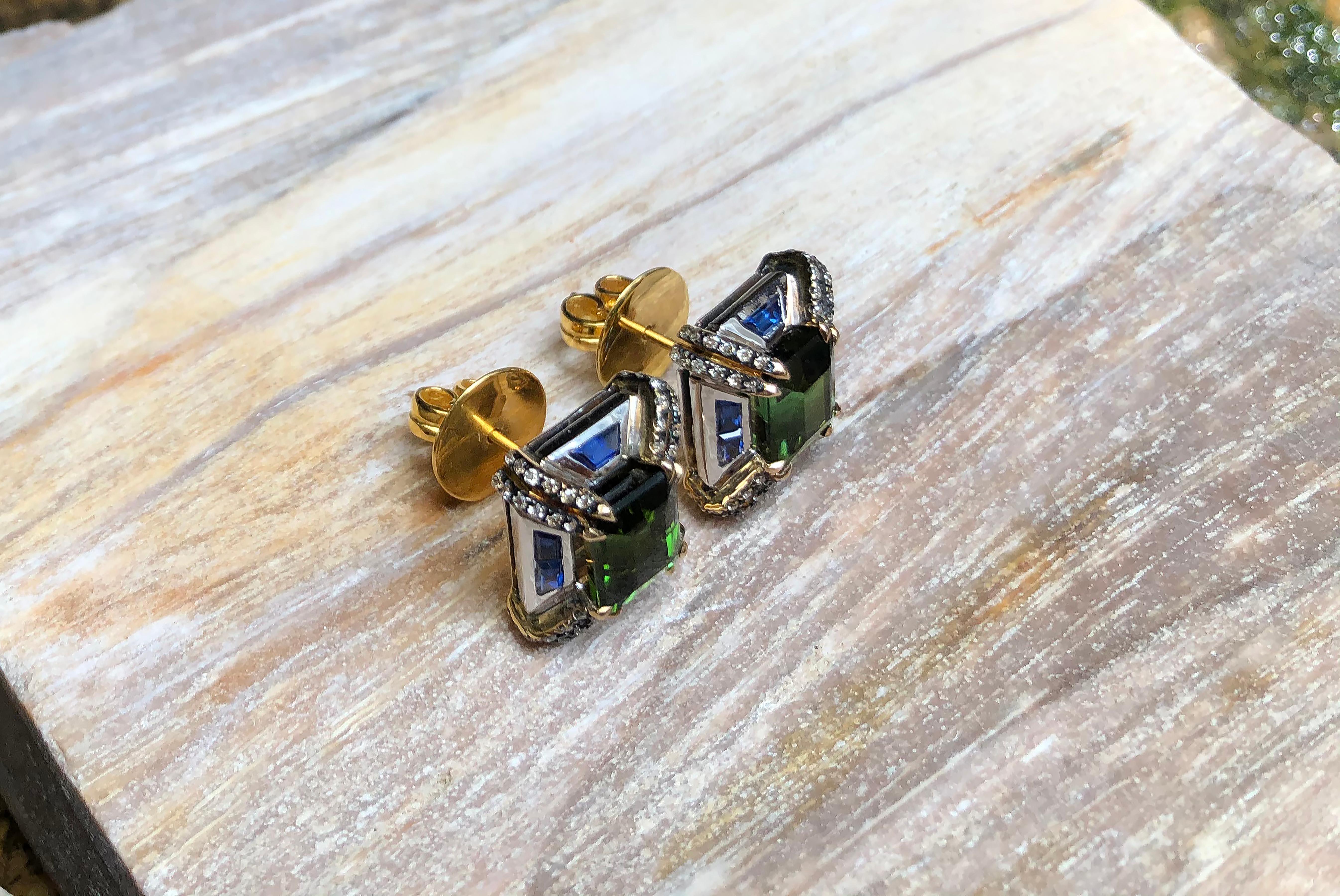 Green Tourmaline with Blue Sapphire and Brown Diamond Earrings in 18 Karat Gold For Sale 1