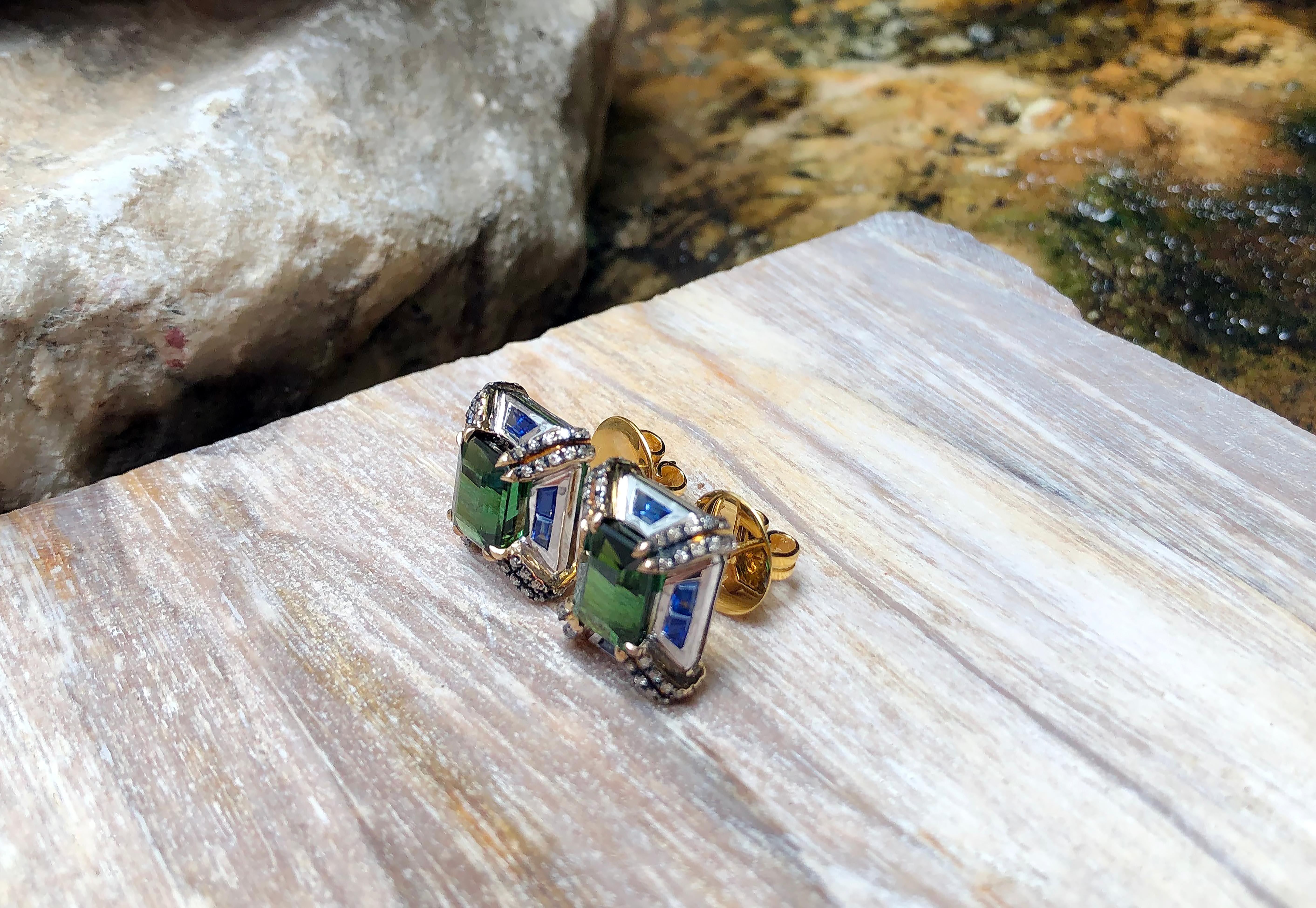 Green Tourmaline with Blue Sapphire and Brown Diamond Earrings in 18 Karat Gold For Sale 2
