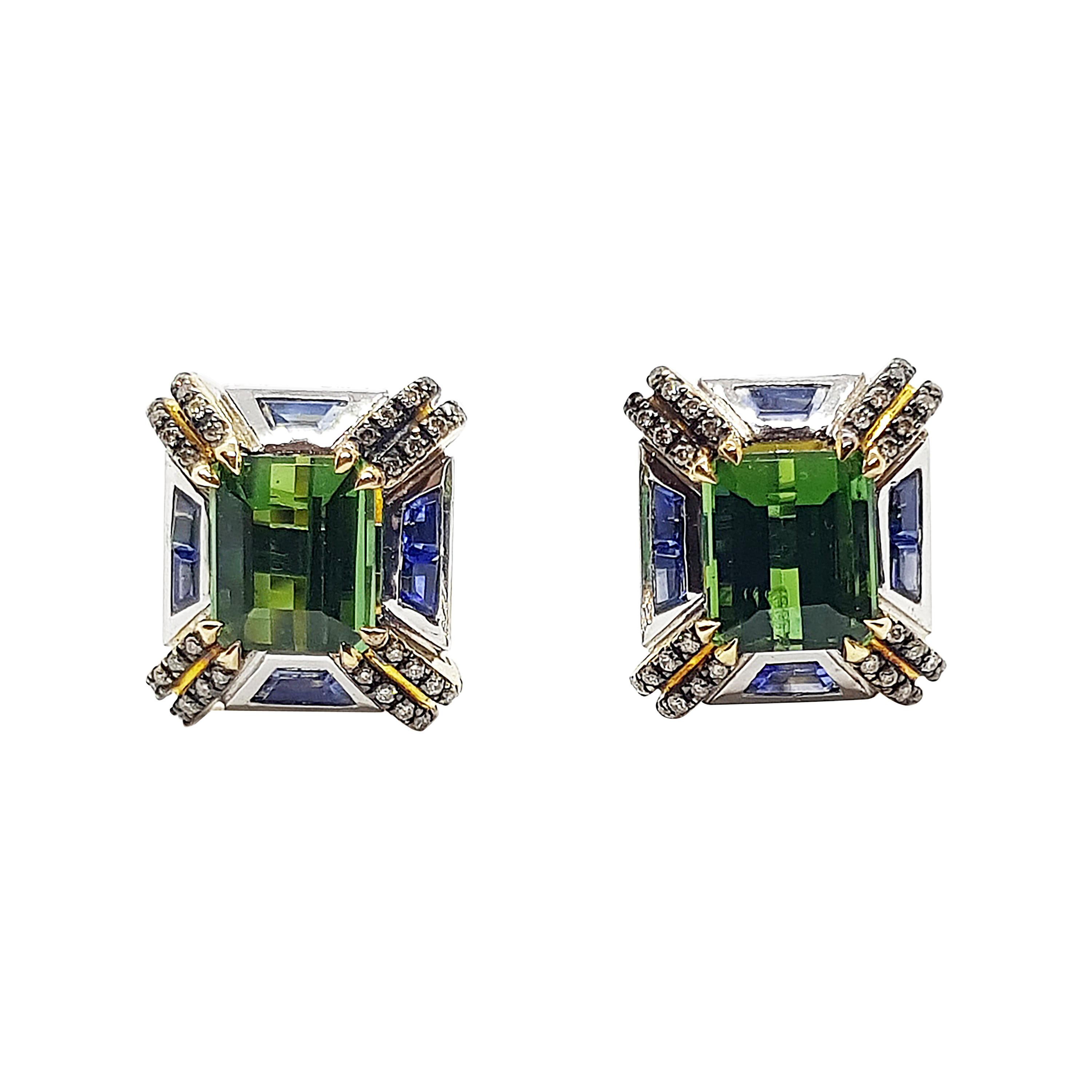 Green Tourmaline with Blue Sapphire and Brown Diamond Earrings in 18 Karat Gold For Sale