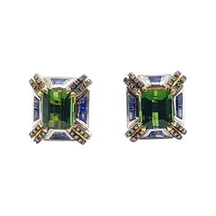 Green Tourmaline with Blue Sapphire and Brown Diamond Earrings in 18 Karat Gold