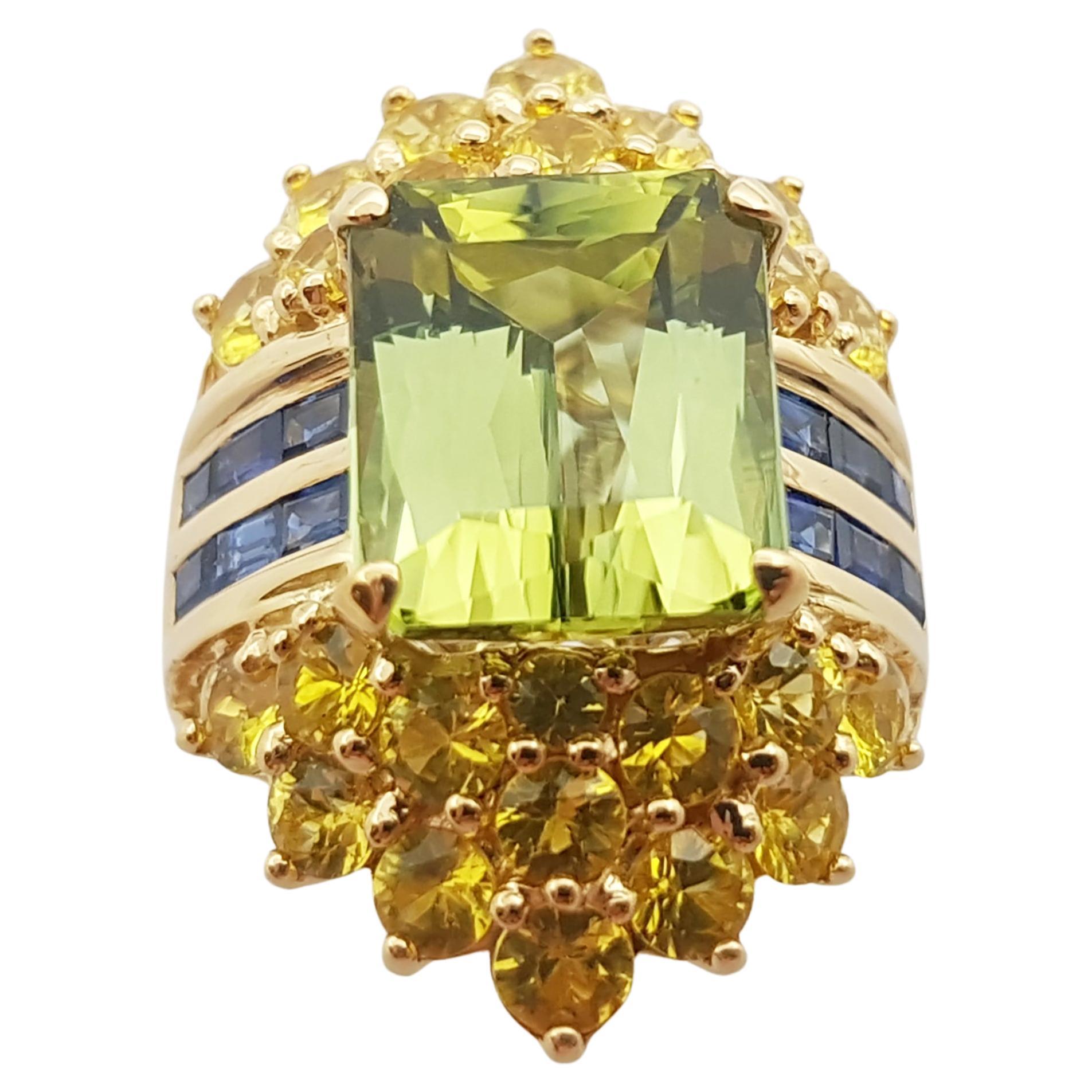 Green Tourmaline with Blue Sapphire and Yellow Sapphire Ring in 18 Karat Gold For Sale