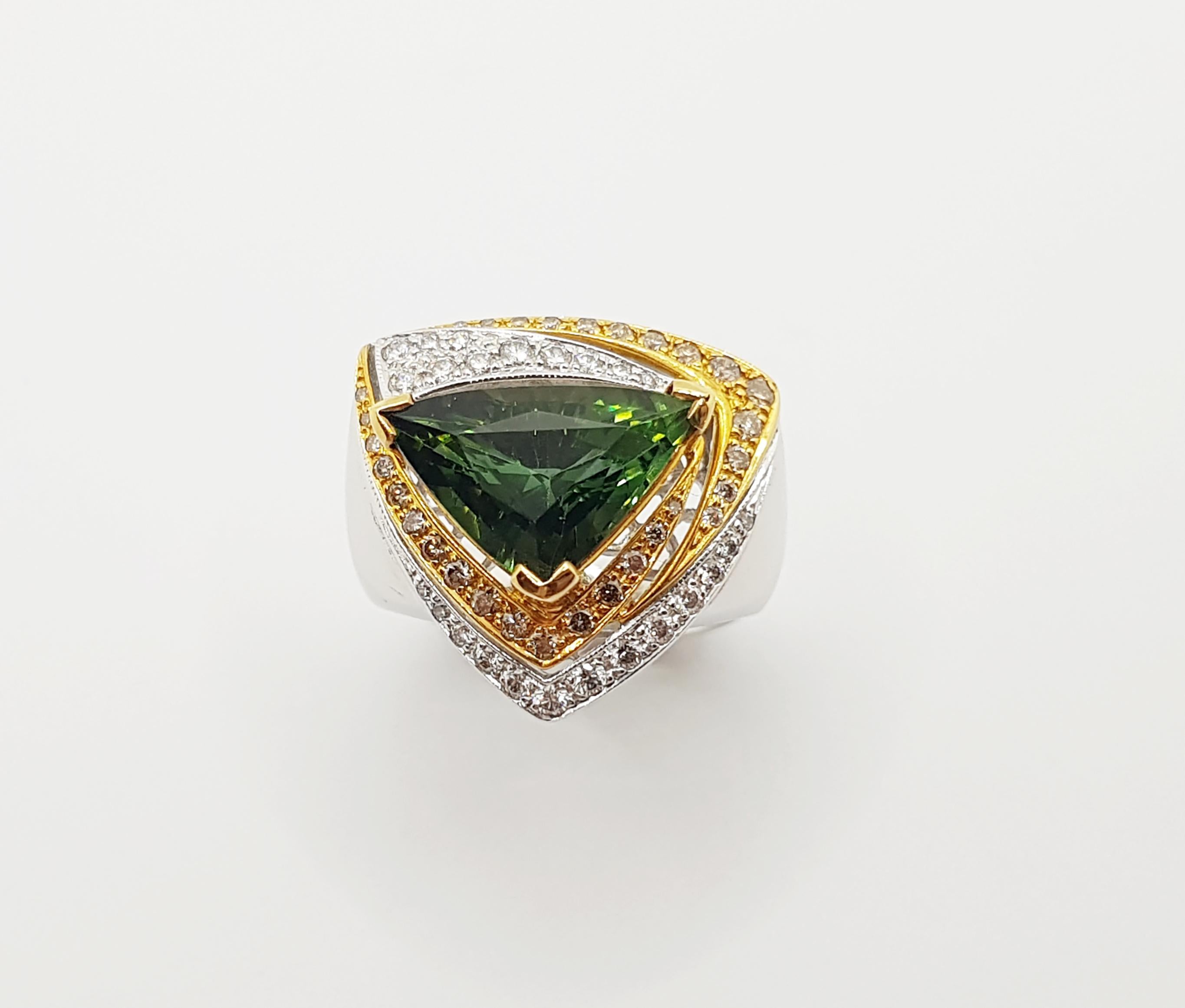Green Tourmaline with Brown Diamond and Diamond Ring Set in 18 Karat White Gold For Sale 6