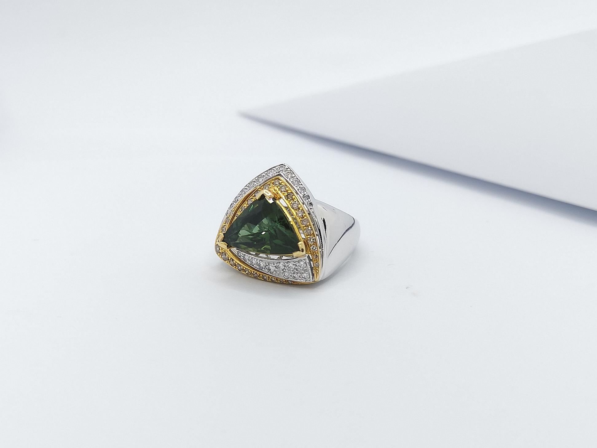 Green Tourmaline with Brown Diamond and Diamond Ring Set in 18 Karat White Gold For Sale 12