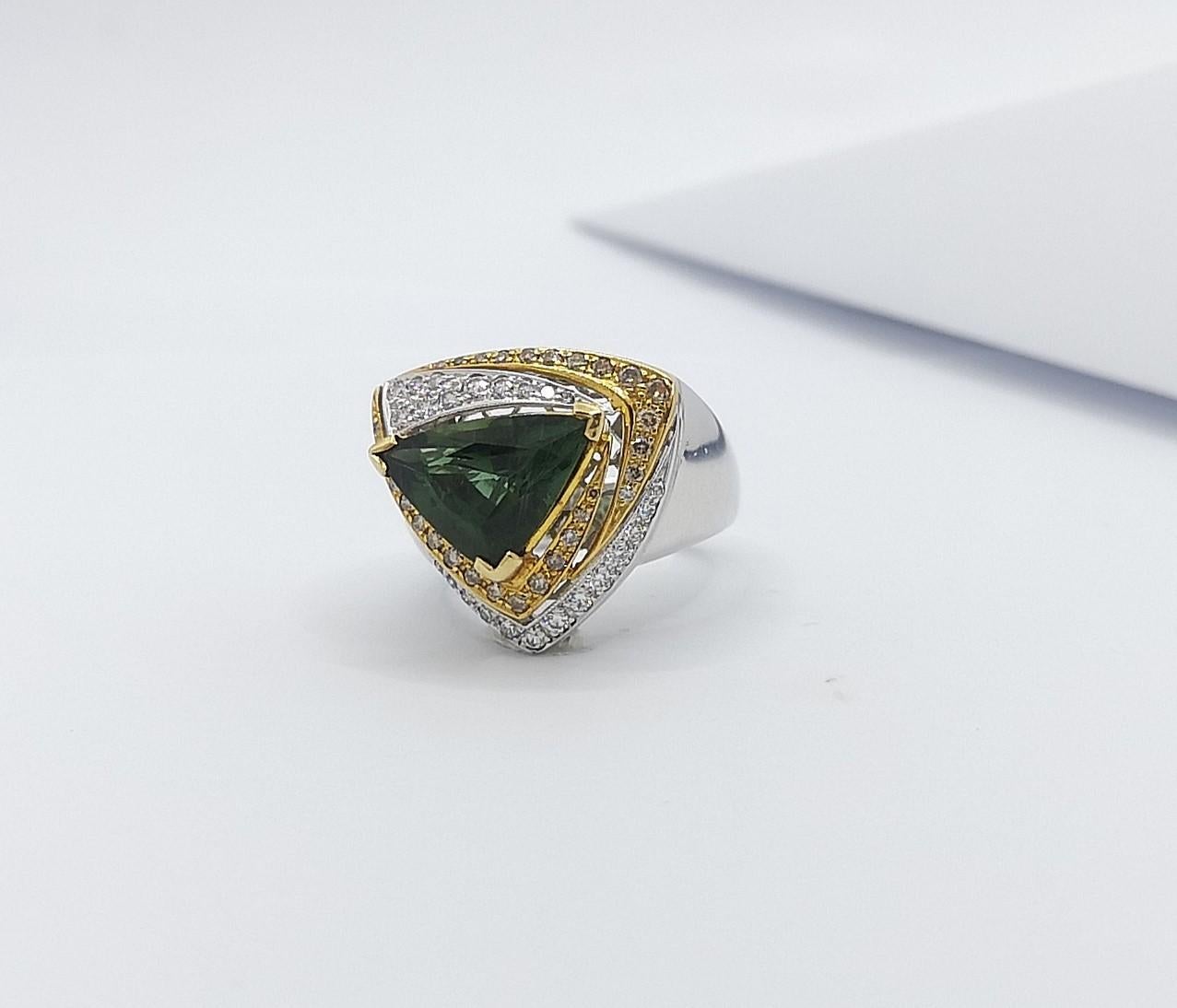 Green Tourmaline with Brown Diamond and Diamond Ring Set in 18 Karat White Gold For Sale 13