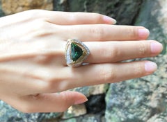 Green Tourmaline with Brown Diamond and Diamond Ring Set in 18 Karat White Gold