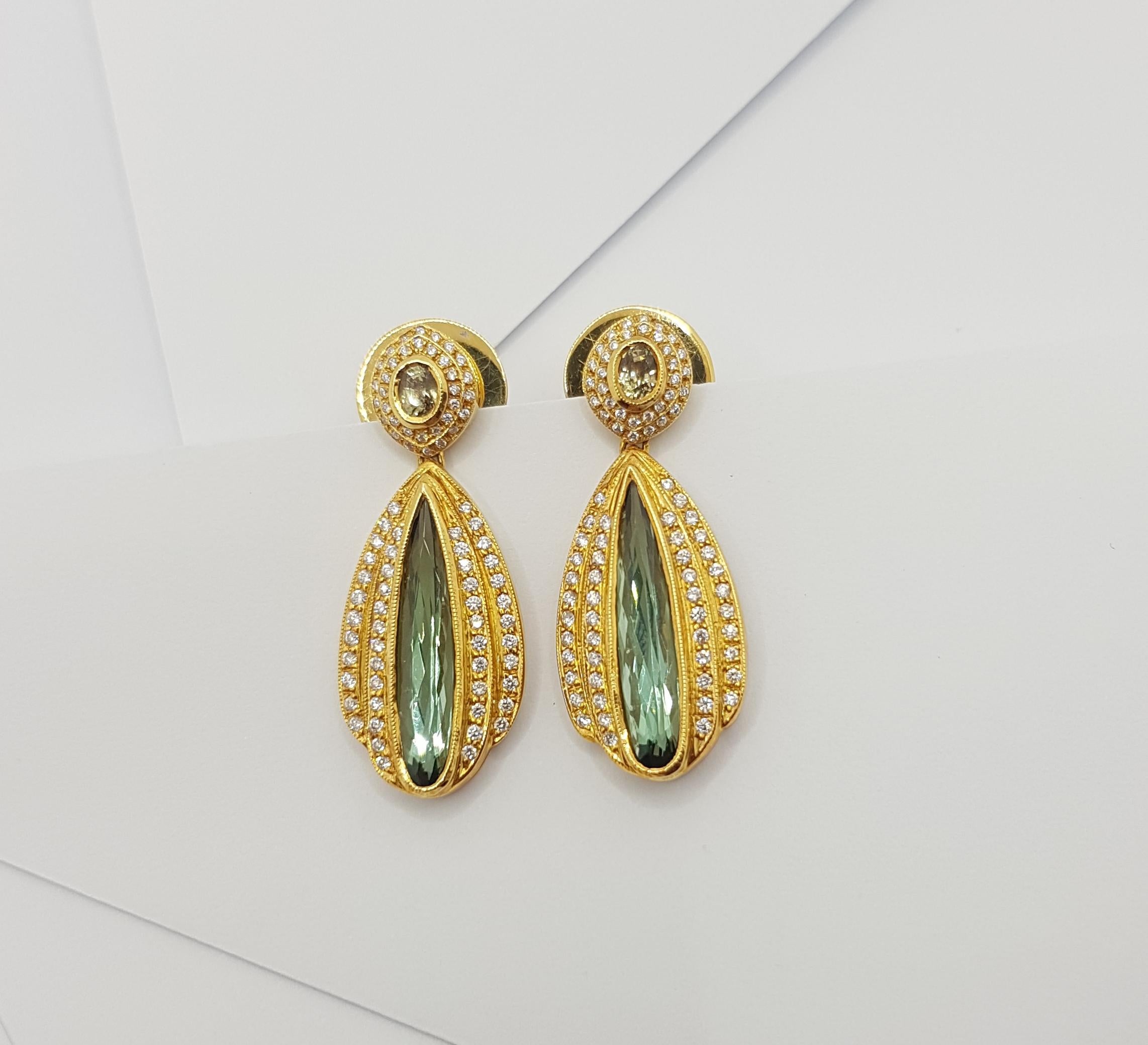 Women's Green Tourmaline with Brown Sapphire and Diamond Earrings Set in 18 Karat Gold For Sale