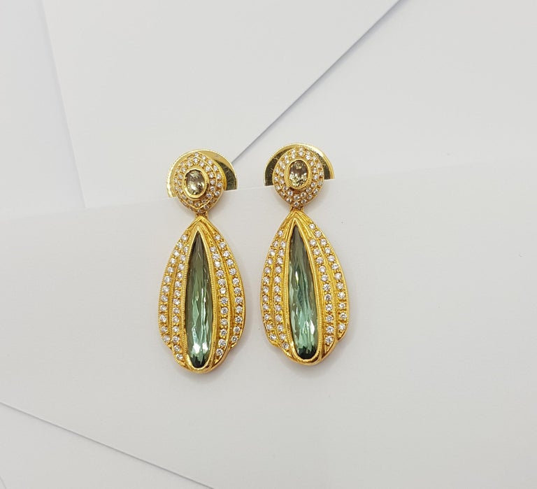 Green Tourmaline with Brown Sapphire and Diamond Earrings Set in 18 ...