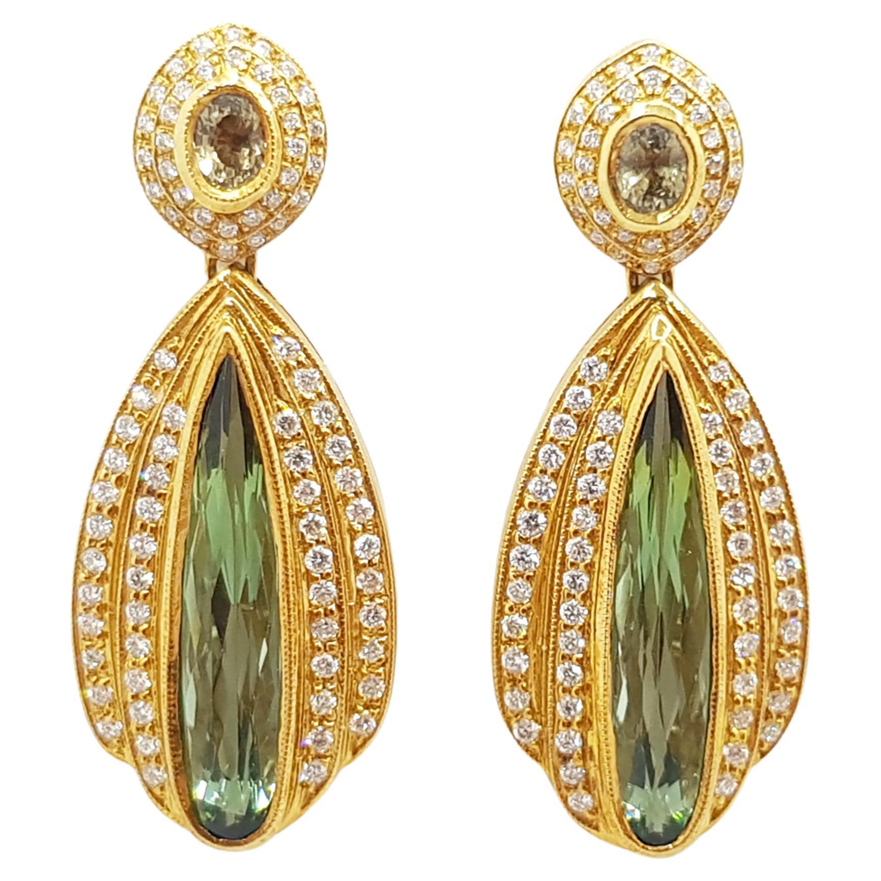 Green Tourmaline with Brown Sapphire and Diamond Earrings Set in 18 Karat Gold For Sale