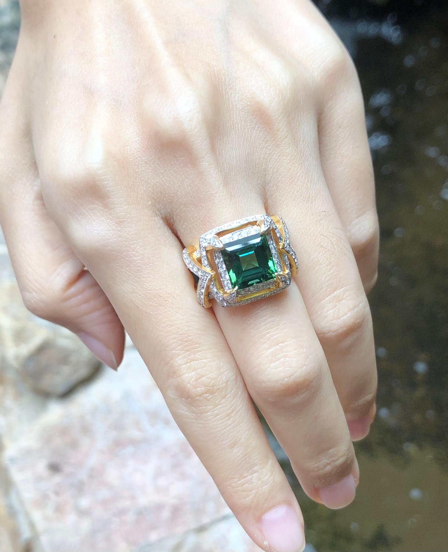 Green Tourmaline 4.0 carats with Diamond 1.11 carats Ring set in 18 Karat Gold Settings

Width:  1.5 cm 
Length: 1.5 cm
Ring Size: 53
Total Weight: 11.18 grams

