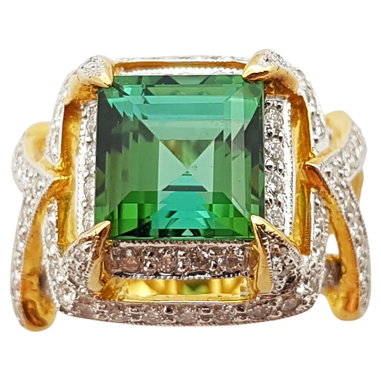 Green Tourmaline with Diamond Ring Set in 18 Karat Gold Settings