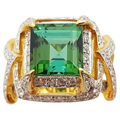 Green Tourmaline with Diamond Ring Set in 18 Karat Gold Settings