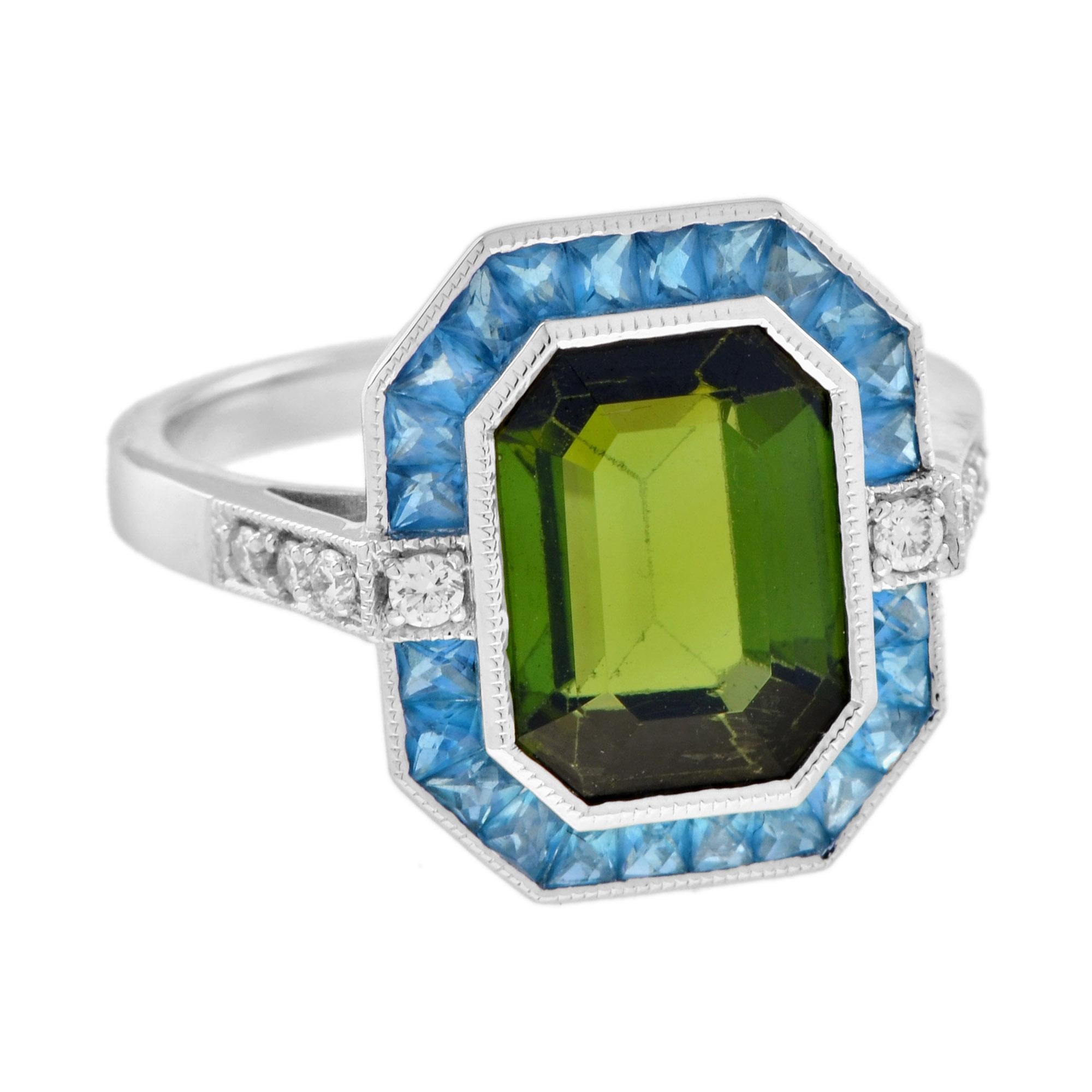 Women's Certified Green Tourmaline London Blue Topaz Diamond Halo Ring in 14K White Gold For Sale