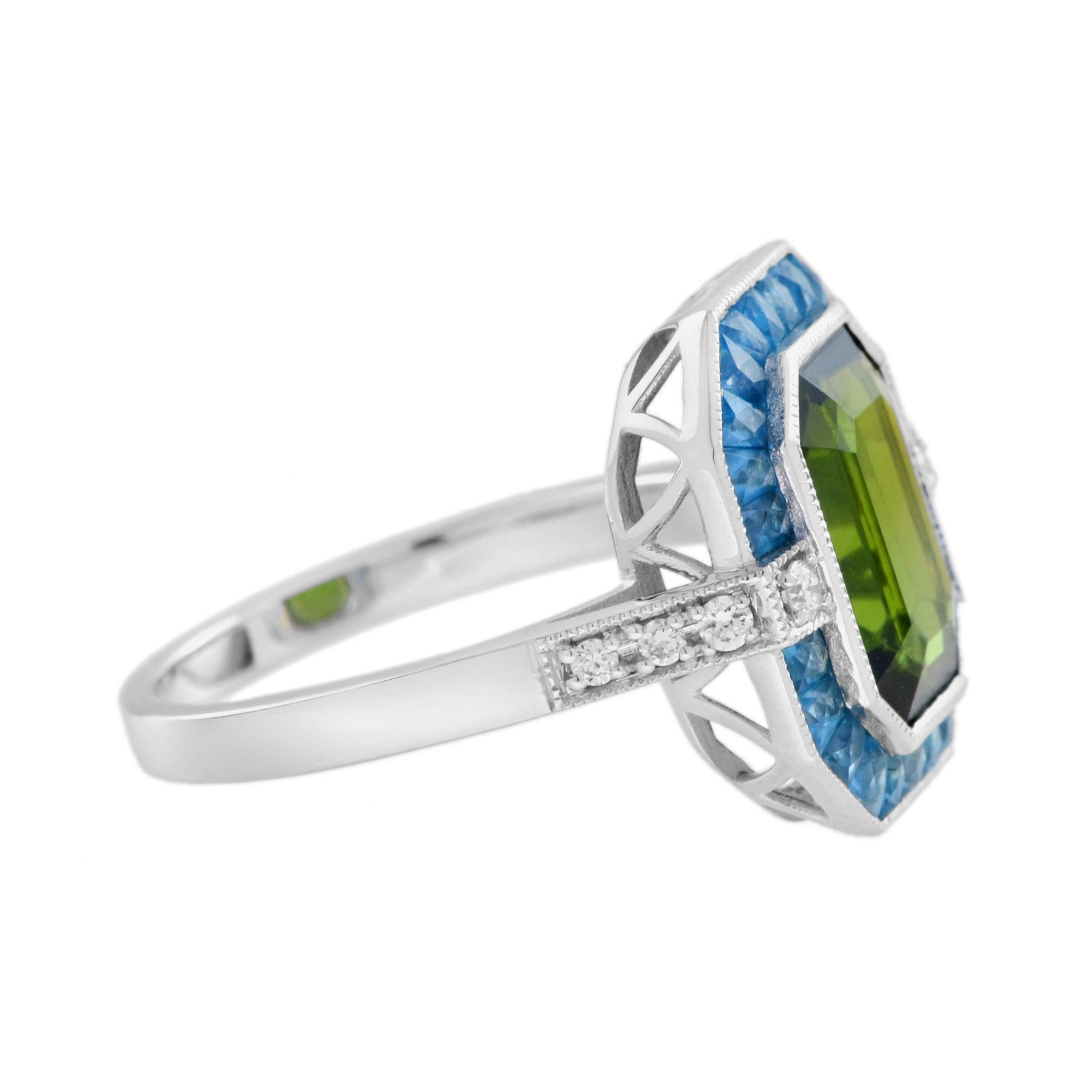 Certified Green Tourmaline London Blue Topaz Diamond Halo Ring in 14K White Gold For Sale 1