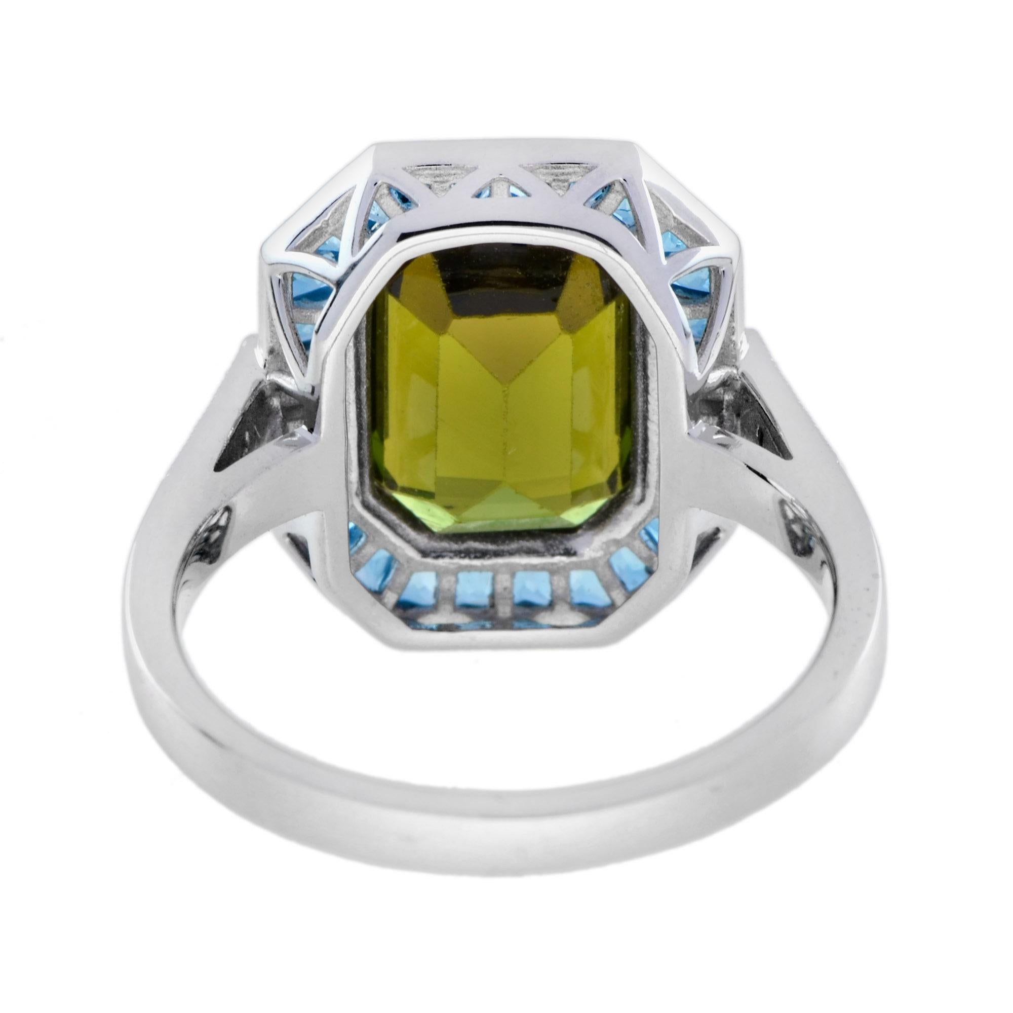 Certified Green Tourmaline London Blue Topaz Diamond Halo Ring in 14K White Gold For Sale 2