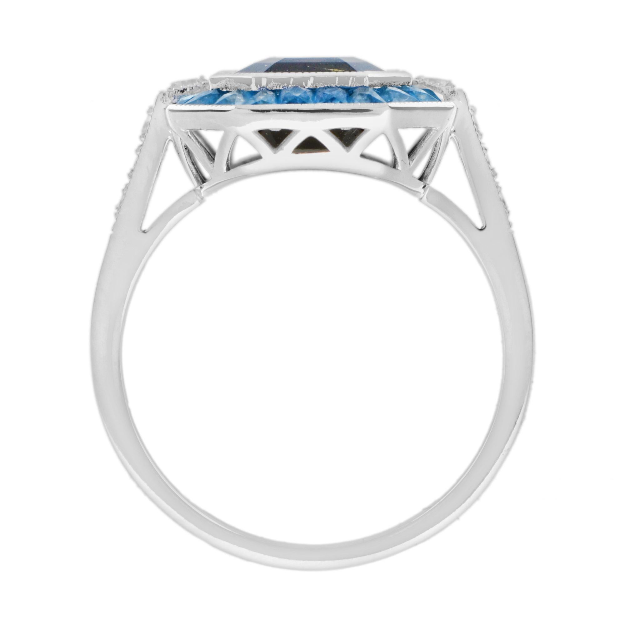Certified Green Tourmaline London Blue Topaz Diamond Halo Ring in 14K White Gold For Sale 3