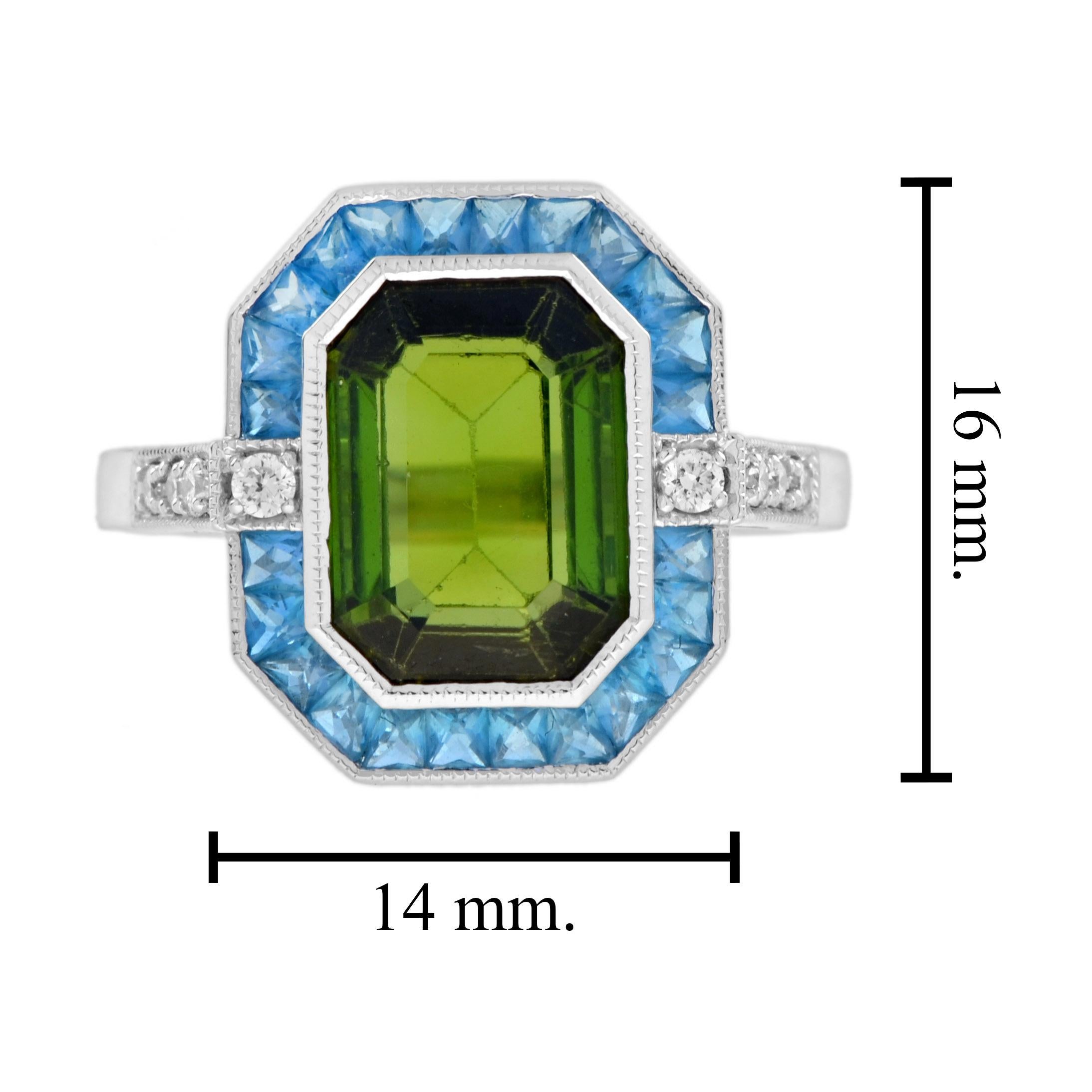 Certified Green Tourmaline London Blue Topaz Diamond Halo Ring in 14K White Gold For Sale 4