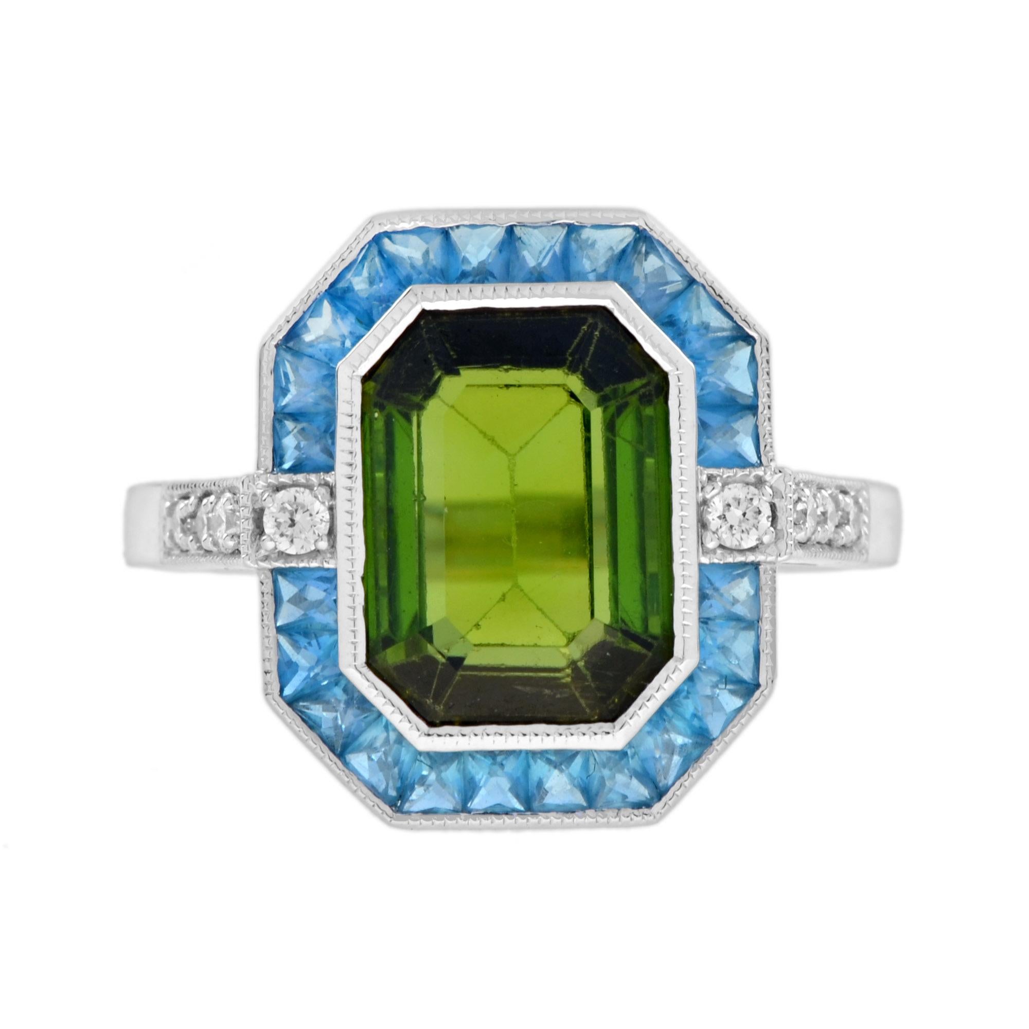 Certified Green Tourmaline London Blue Topaz Diamond Halo Ring in 14K White Gold For Sale