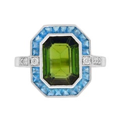 Certified Green Tourmaline London Blue Topaz Diamond Halo Ring in 14K White Gold