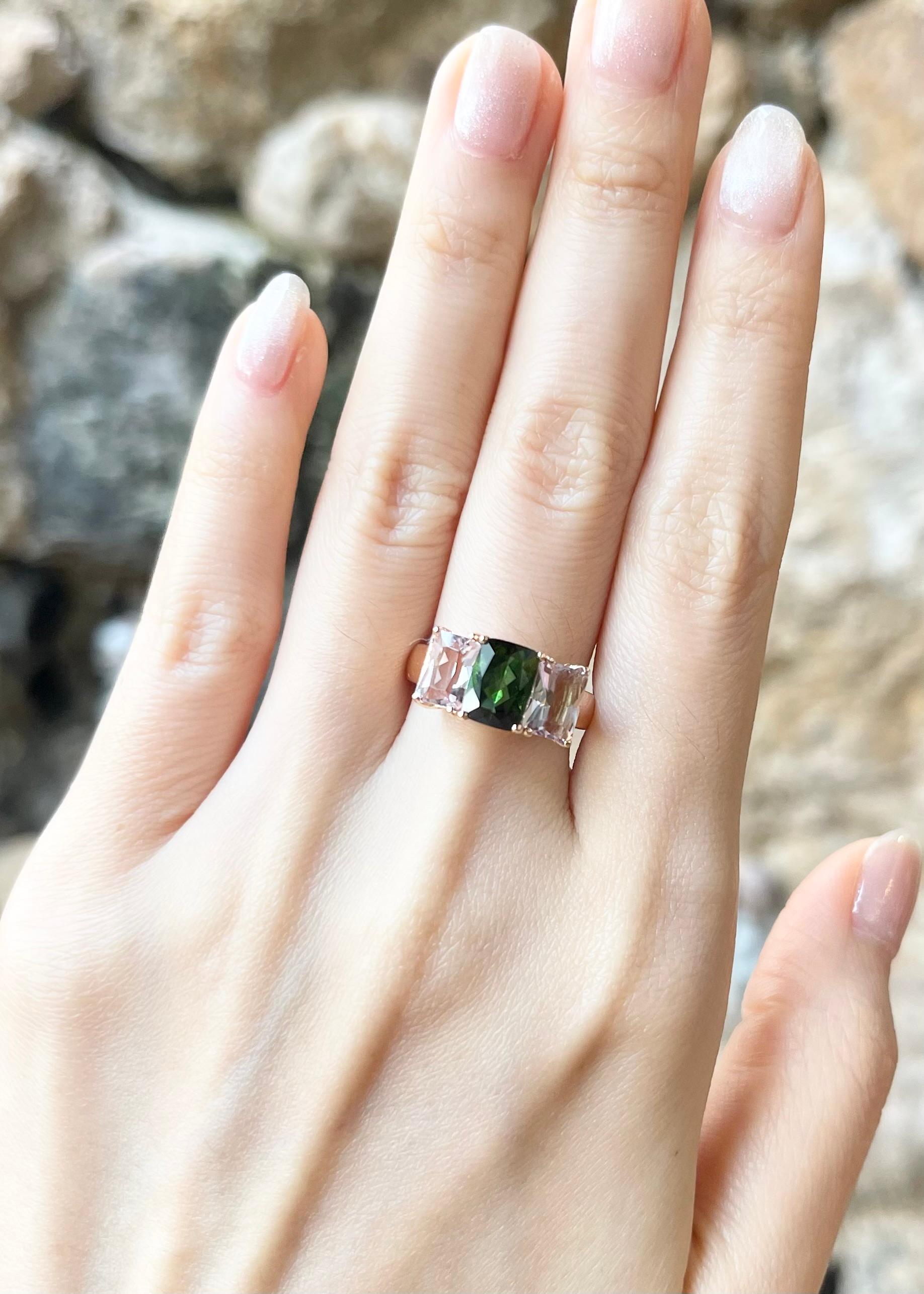 Green Tourmaline 1.78 carats with Morganite 1.99 carats Ring set in 18K Rose Gold Settings

Width:  1.5 cm 
Length: 0.8 cm
Ring Size: 52
Total Weight: 6.09 grams

