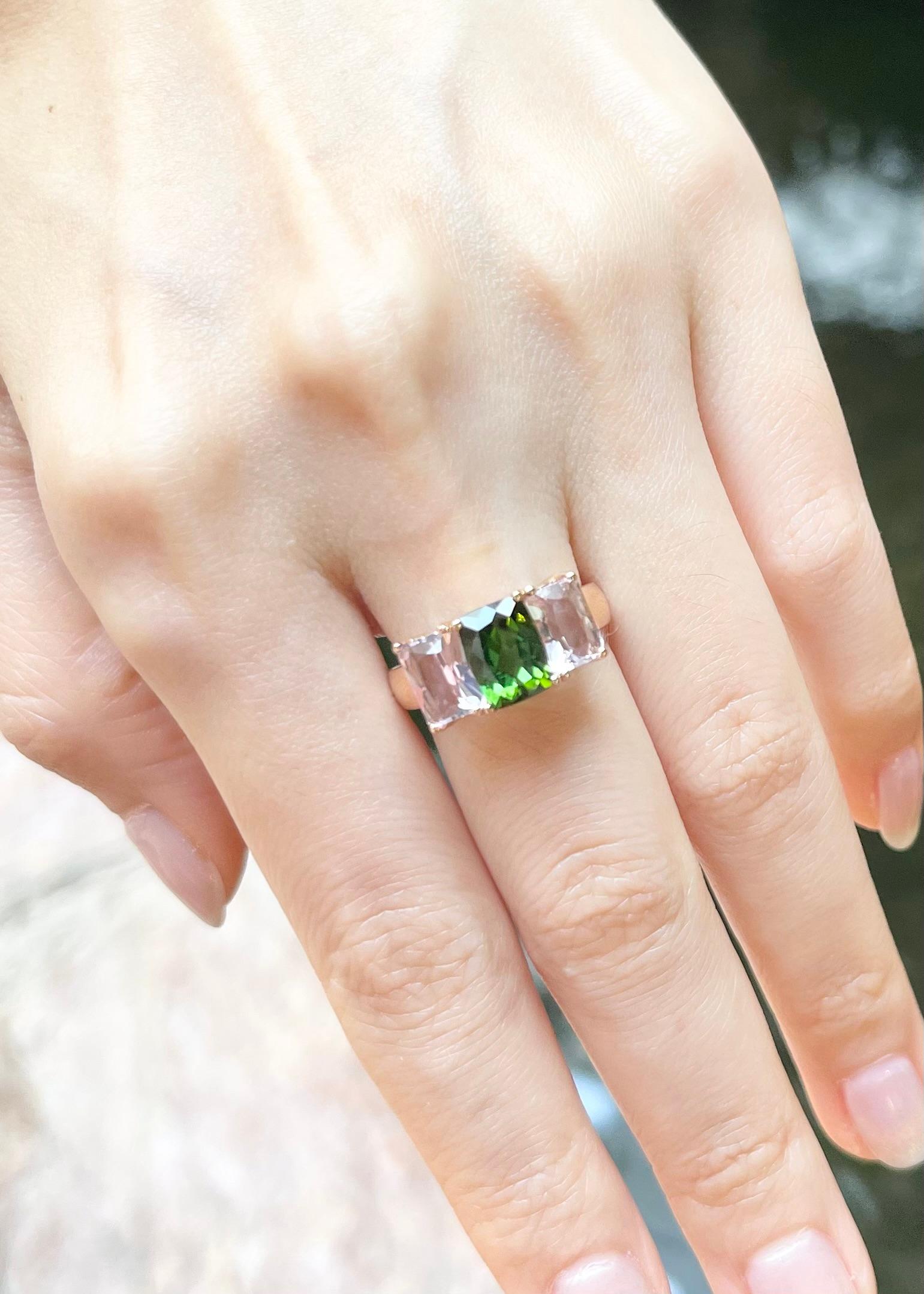 Emerald Cut Green Tourmaline with Morganite Ring set in 18K Rose Gold Settings For Sale