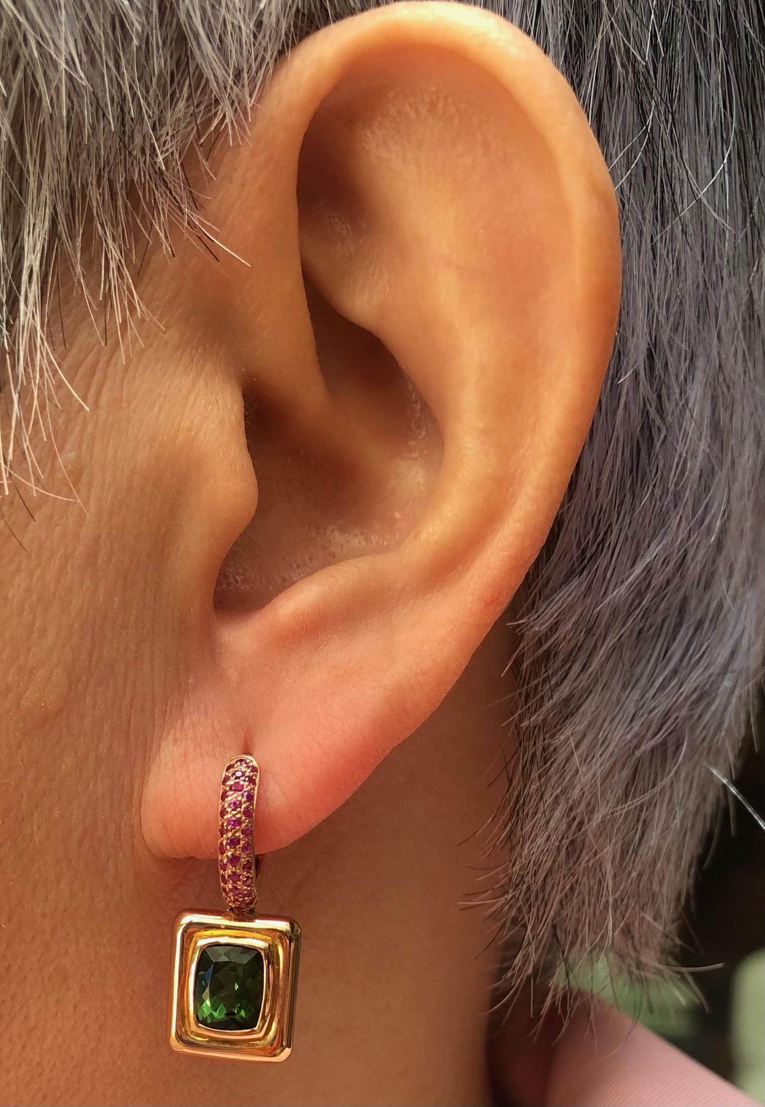 Green Tourmaline 3.15 carats with Pink Sapphire 0.48 carat Earrings set in 18 Karat Rose Gold Settings

Width: 1.1 cm
Length: 2.8 cm 

