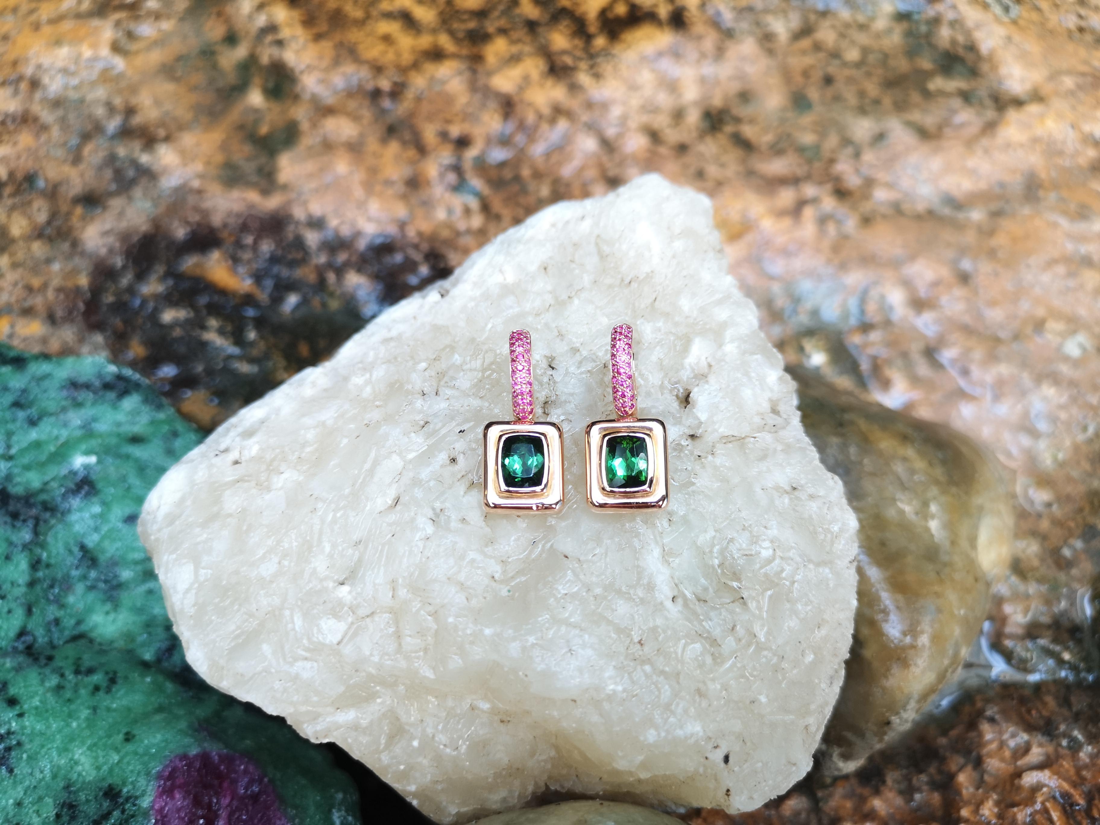 Contemporary Green Tourmaline with Pink Sapphire Earrings Set in 18 Karat Rose Gold Settings