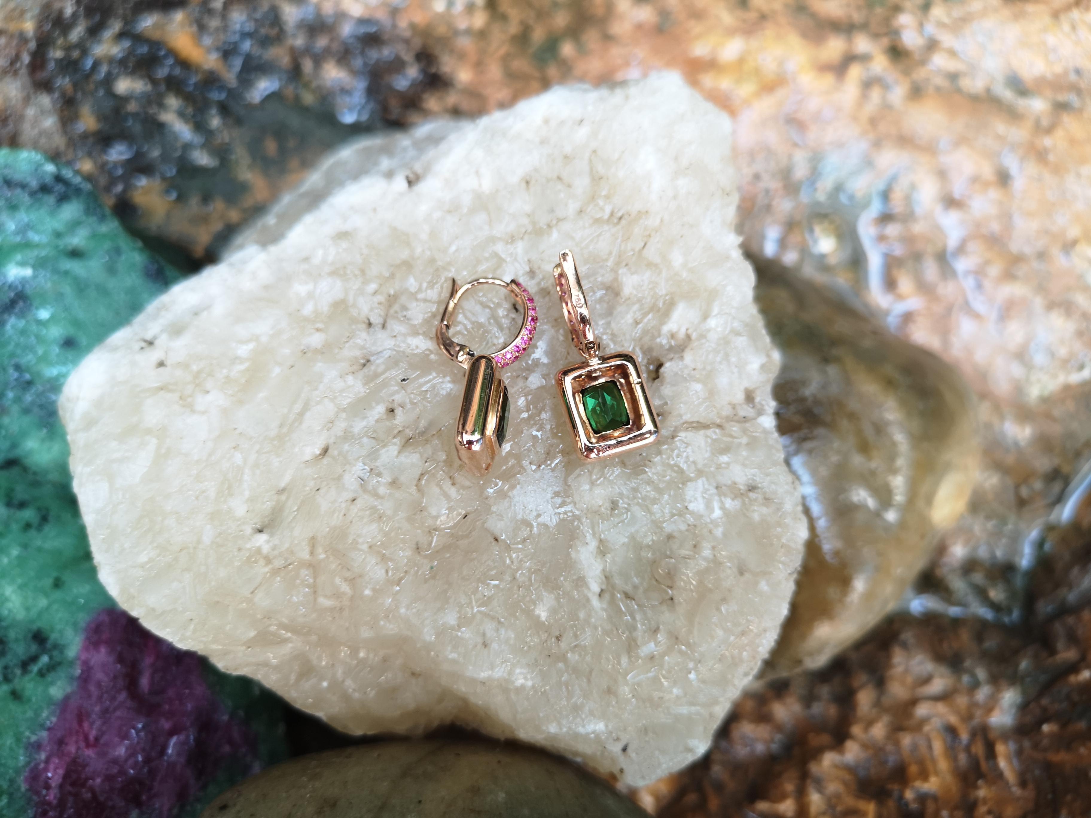 Emerald Cut Green Tourmaline with Pink Sapphire Earrings Set in 18 Karat Rose Gold Settings