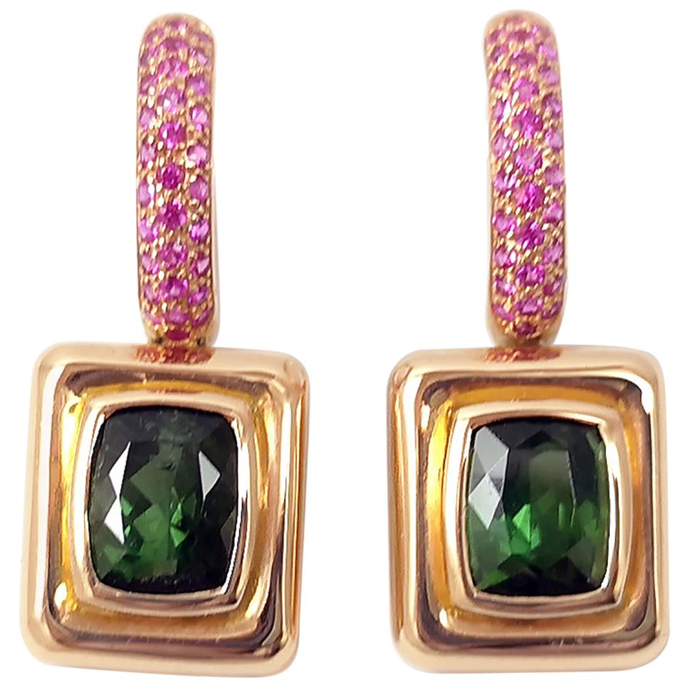 Green Tourmaline with Pink Sapphire Earrings Set in 18 Karat Rose Gold Settings