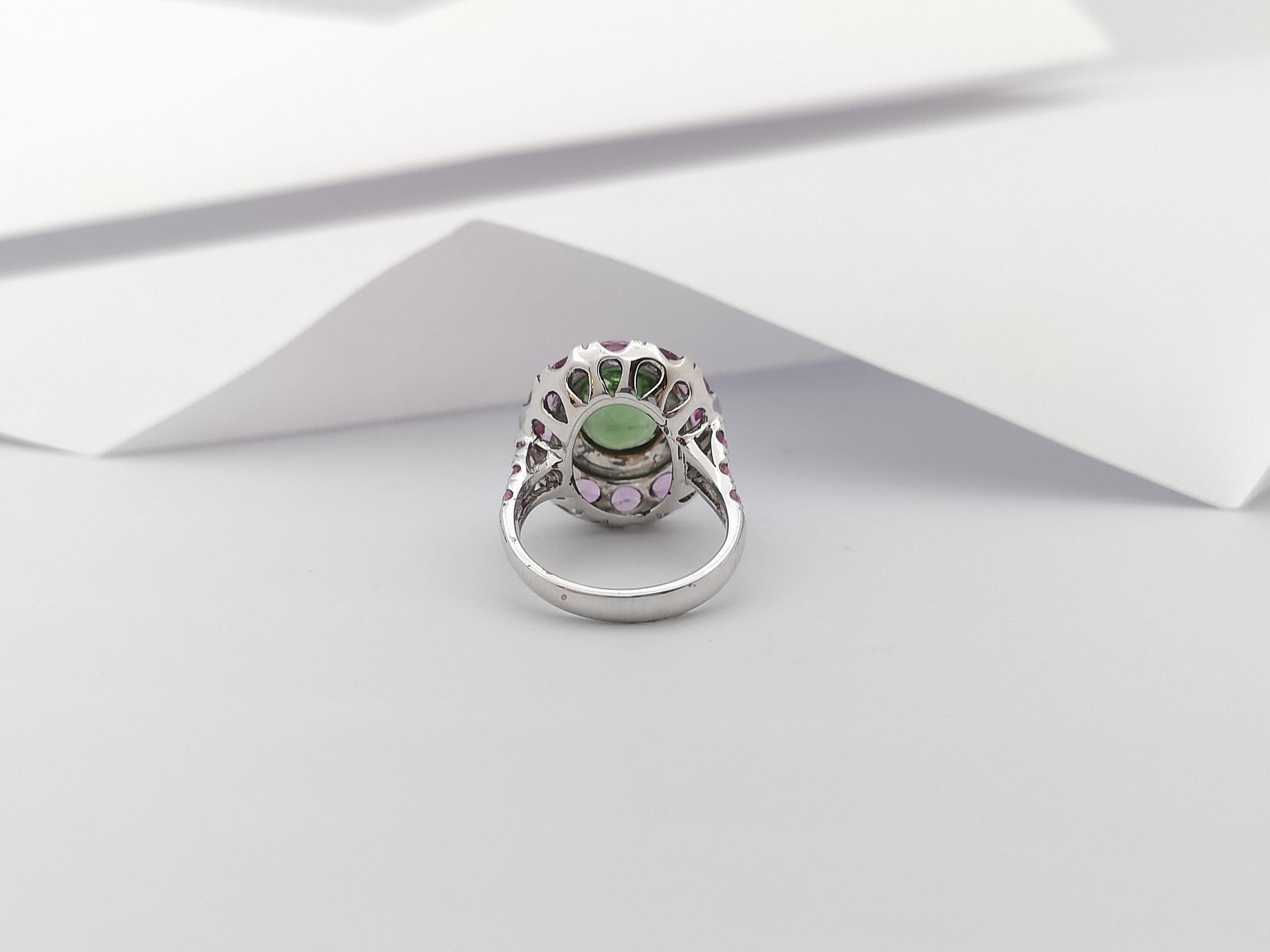 Green Tourmaline with Pink Sapphire Ring Set in 18 Karat White Gold Settings For Sale 4