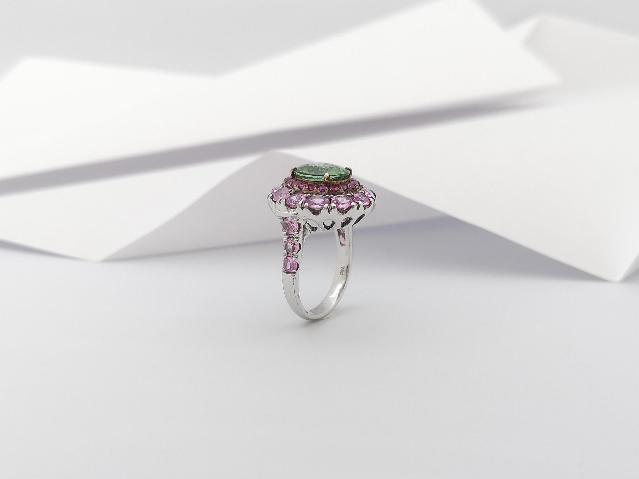 Green Tourmaline with Pink Sapphire Ring Set in 18 Karat White Gold Settings For Sale 7