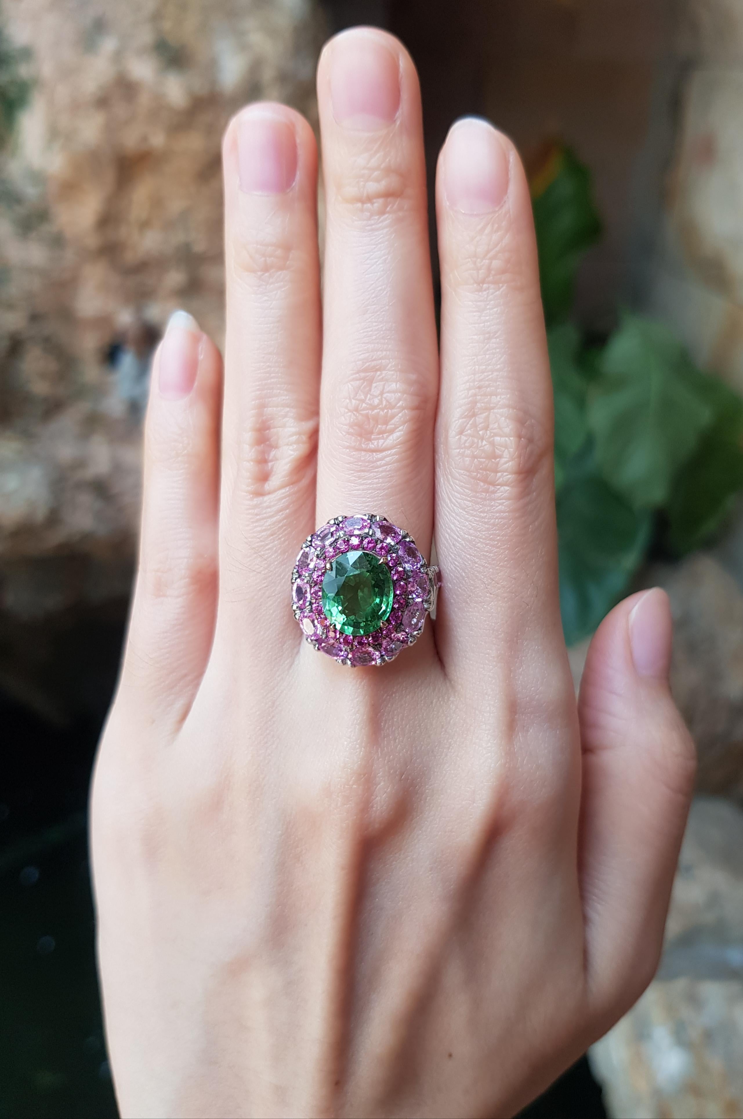 Green Tourmaline 3.52 carats with Pink Sapphire 4.13 carats Ring set in 18 Karat White Gold Settings

Width:  1.7 cm 
Length: 2.0 cm
Ring Size: 55
Total Weight: 9.57 grams



