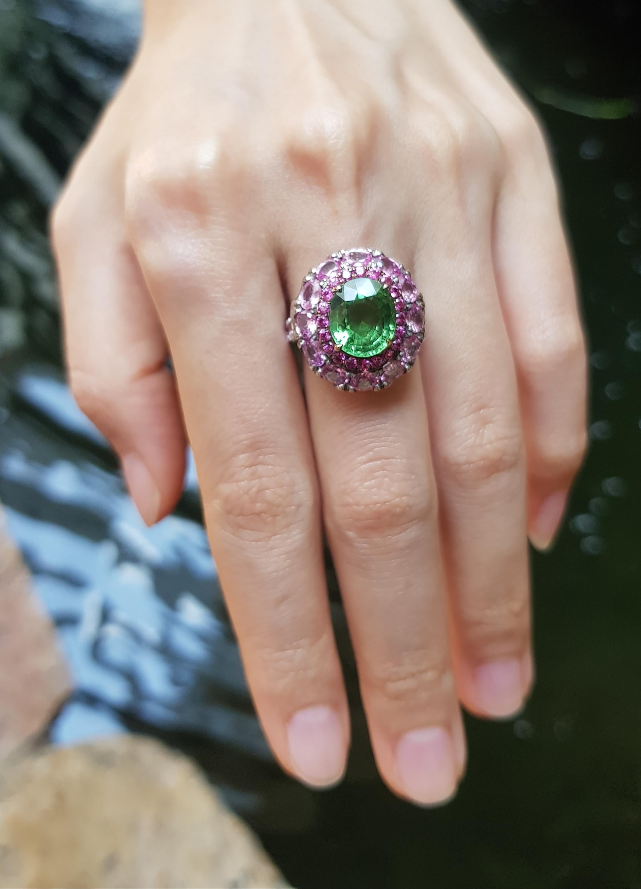 Women's Green Tourmaline with Pink Sapphire Ring Set in 18 Karat White Gold Settings For Sale