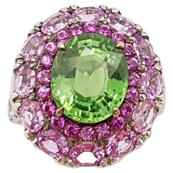 Green Tourmaline with Pink Sapphire Ring Set in 18 Karat White Gold Settings For Sale