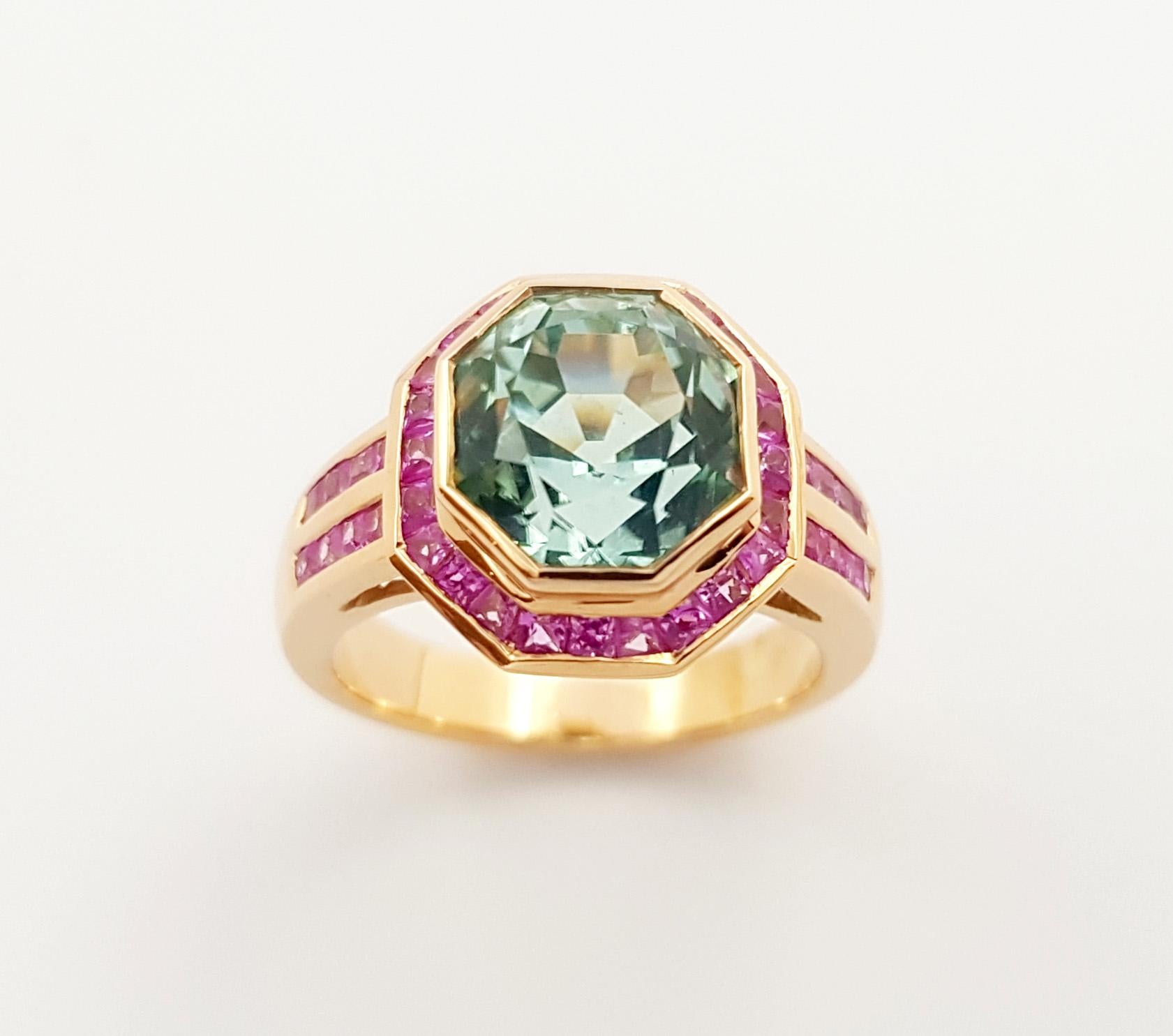 Green Tourmaline with Pink Sapphire Ring set in 18K Rose Gold Settings For Sale 4