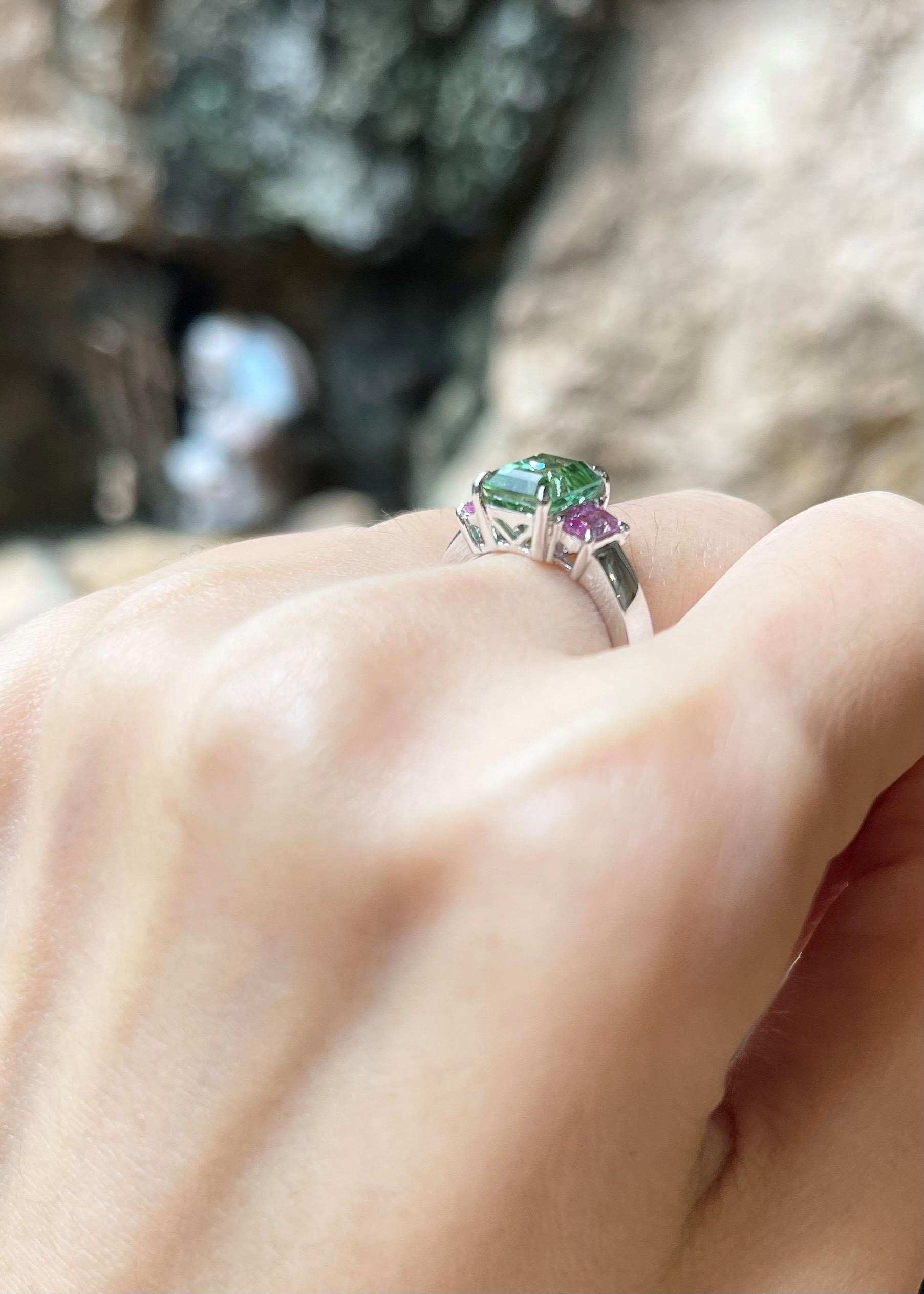 Green Tourmaline 2.17 carats with Pink Sapphire 0.58 carat Ring set in 18K White Gold Settings

Width:  1.1 cm 
Length: 0.8 cm
Ring Size: 52
Total Weight: 4.77 grams

Green Tourmaline 
Width:  0.6 cm 
Length: 0.8 cm

