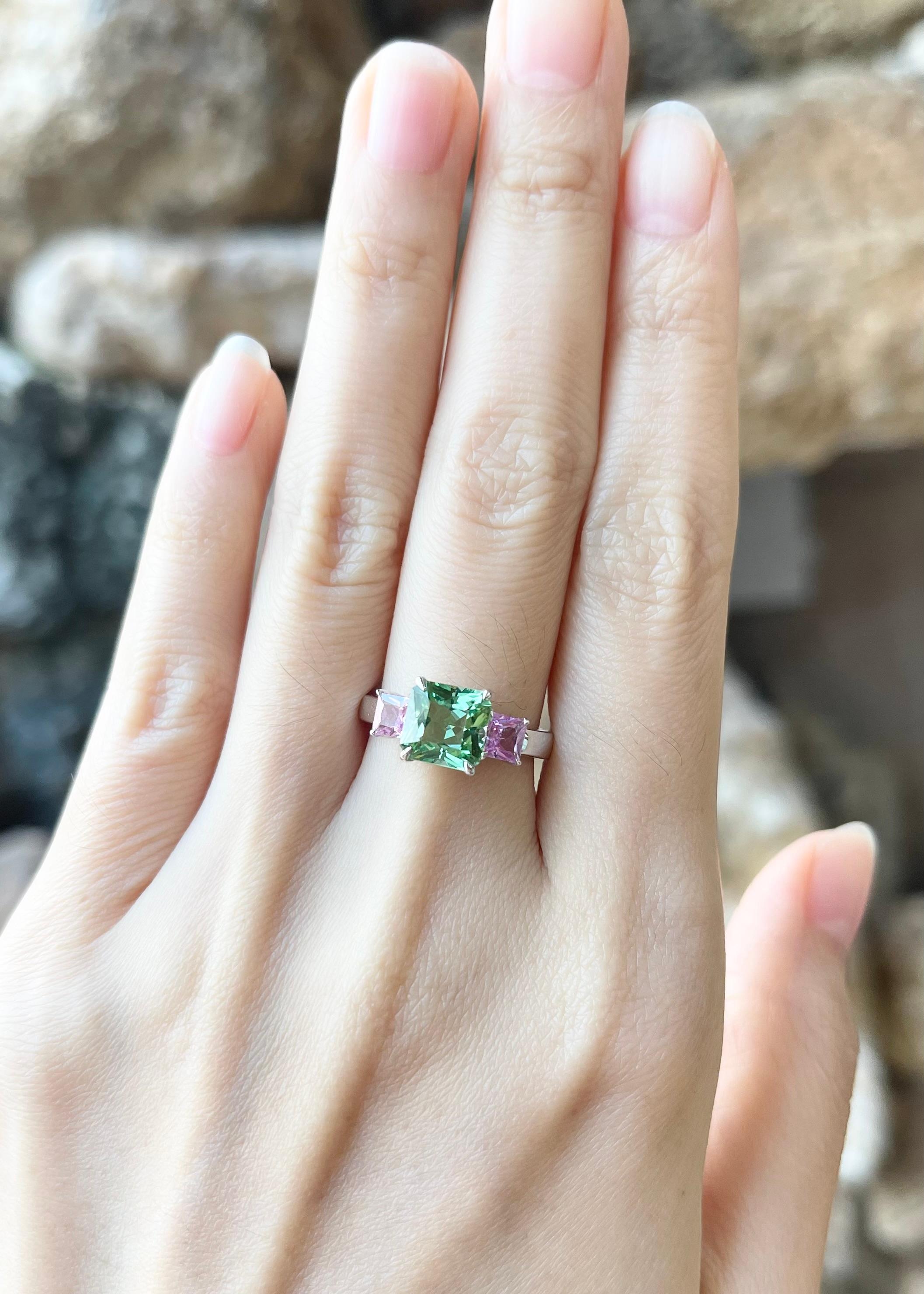 Green Tourmaline 1.85 carats with Pink Sapphire 0.77 carat Ring set in 18K White Gold Settings

Width:  1.4 cm 
Length: 0.7 cm
Ring Size: 52
Total Weight: 4.45 grams

