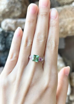 Green Tourmaline with Pink Sapphire Ring set in 18K White Gold Settings