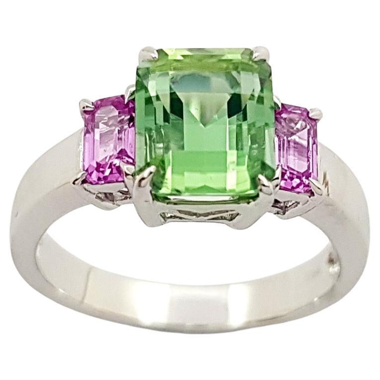 Green Tourmaline with Pink Sapphire Ring set in 18K White Gold Settings
