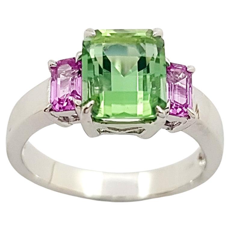 Green Tourmaline with Pink Sapphire Ring set in 18K White Gold Settings