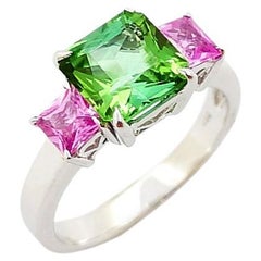 Green Tourmaline with Pink Sapphire Ring set in 18K White Gold Settings