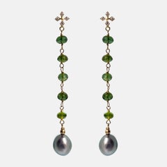 Green Tourmaline with Pistachio Tahitian Pearl and Diamond Paradizia Earrings