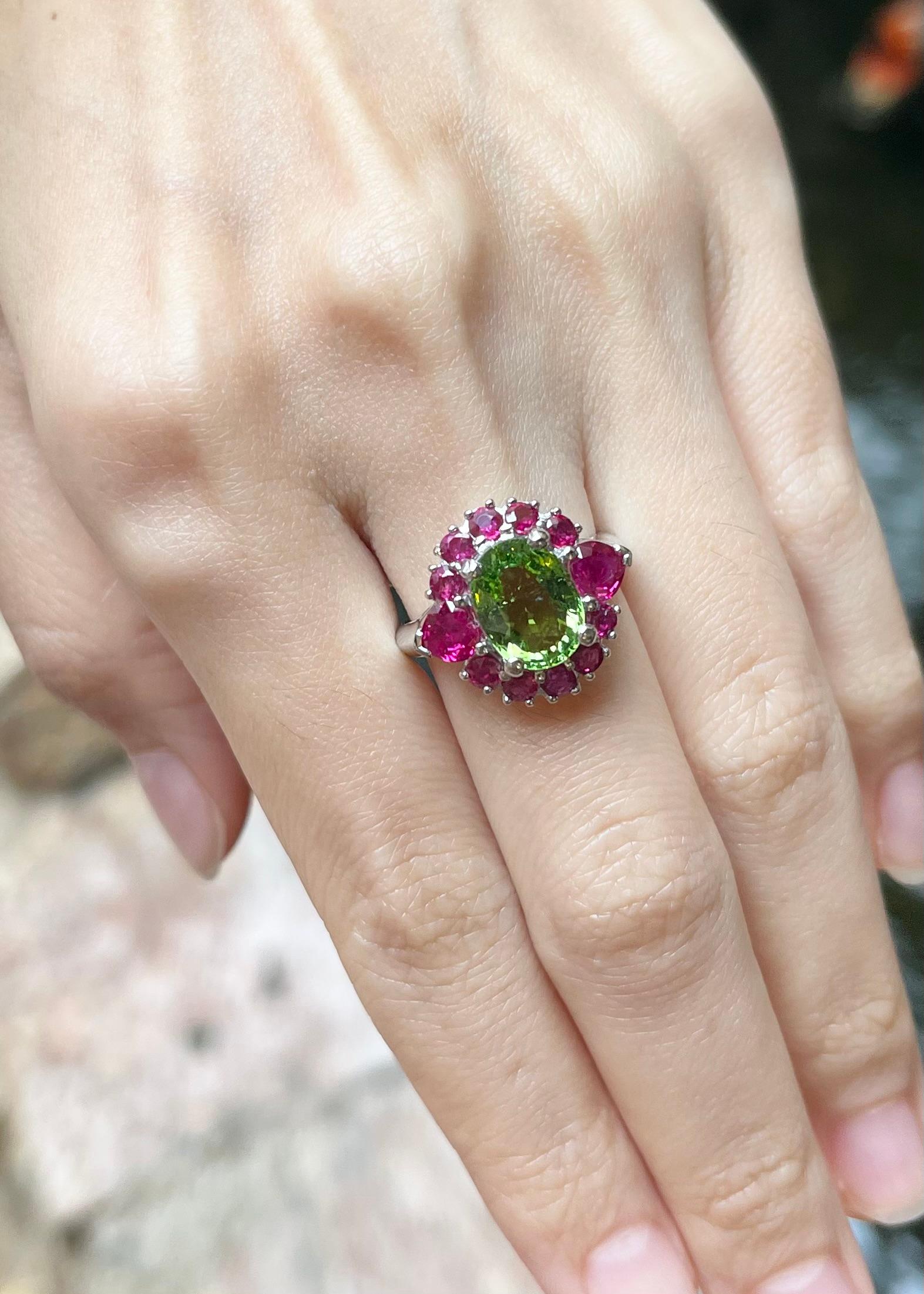 Mixed Cut Green Tourmaline with Ruby Ring set in Platinum 950 Settings For Sale