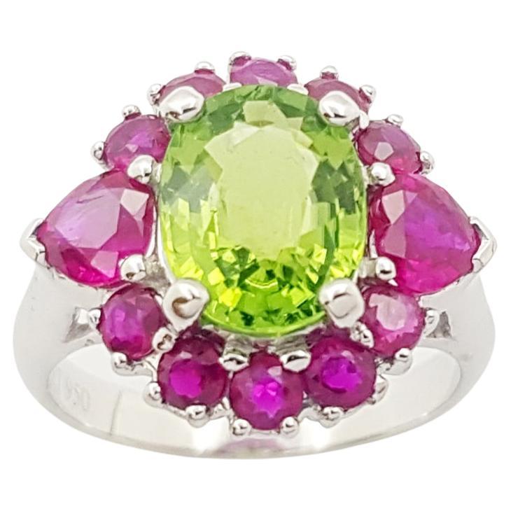 Green Tourmaline with Ruby Ring set in Platinum 950 Settings For Sale